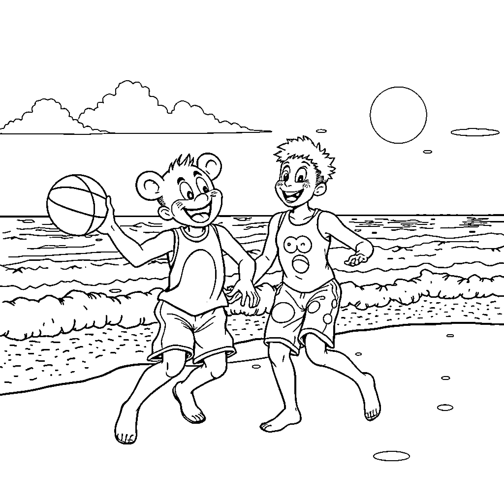 Bluey's Fun Beach Day Coloring Page (free black-and-white line drawing printable PDF for all, from beginners to advanced learners, including children, teens, adults, and seniors)