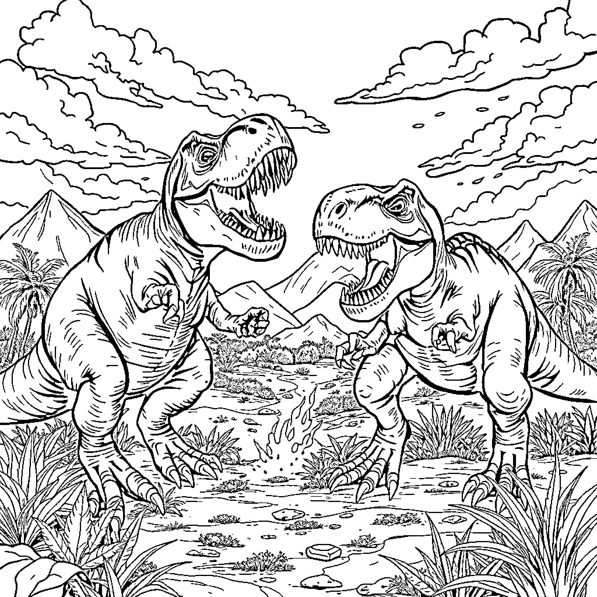 T-Rex Dinosaurs Roaring in Prehistoric Landscape Coloring Page (free black-and-white line drawing printable PDF for all, from beginners to advanced learners, including children, teens, adults, and seniors)