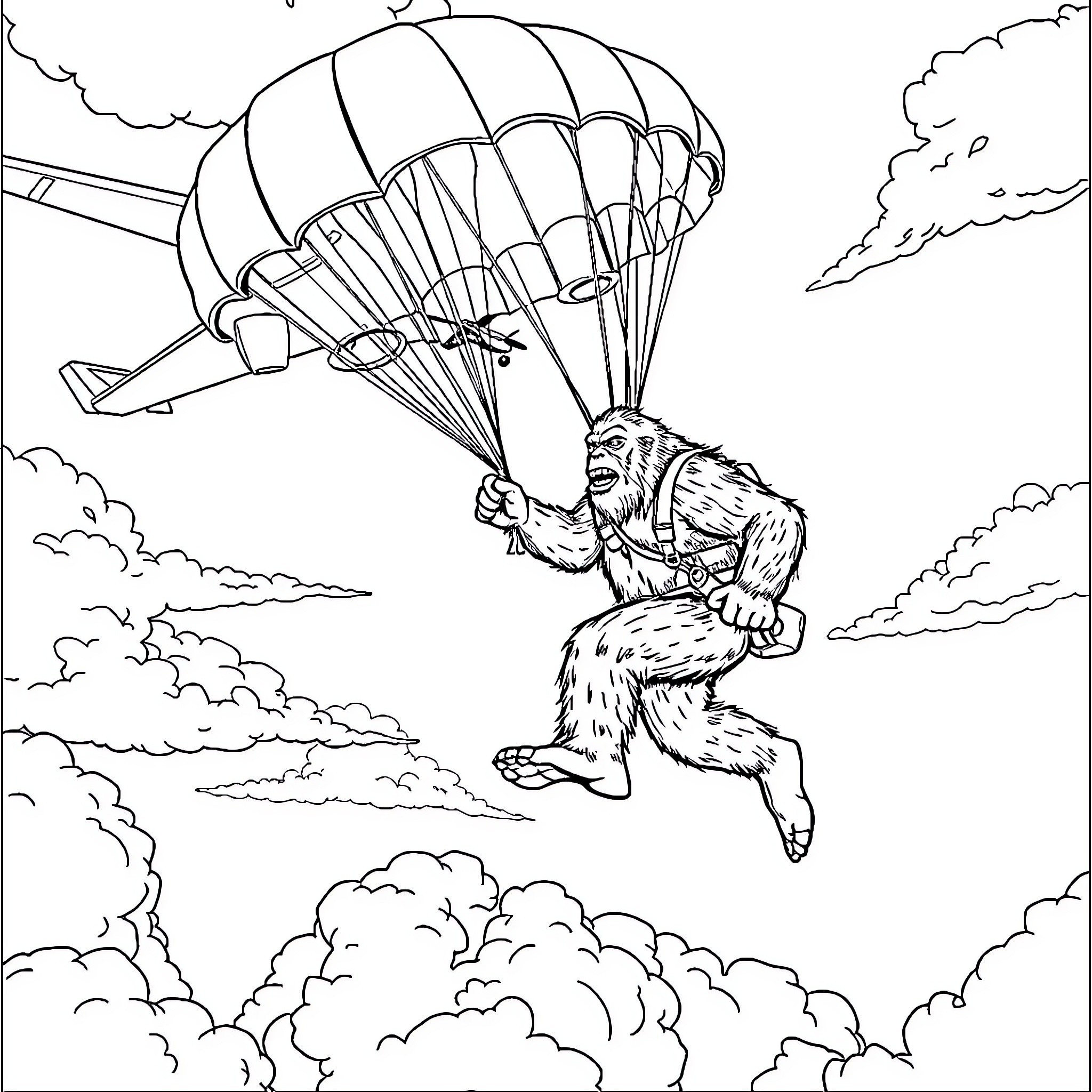 Bigfoot parachuting in the sky Coloring Page (free black-and-white line drawing printable PDF for all, from beginners to advanced learners, including children, teens, adults, and seniors)
