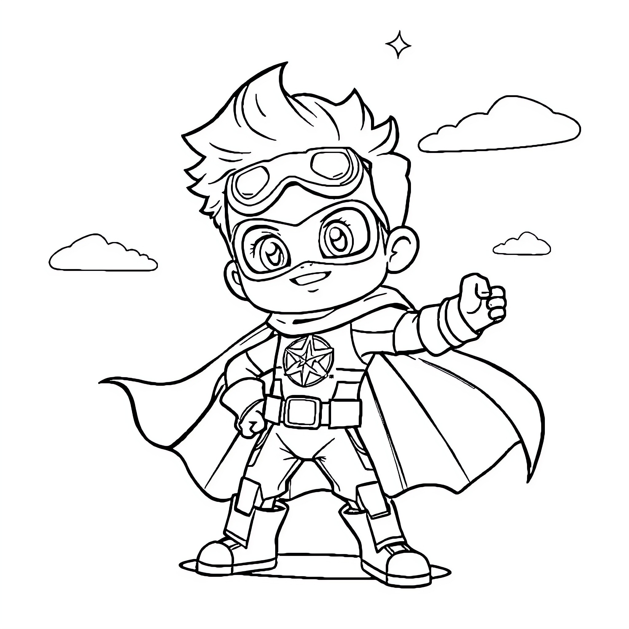 Boboiboy in superhero costume flying in the sky Coloring Page (free black-and-white line drawing printable PDF for all, from beginners to advanced learners, including children, teens, adults, and seniors)
