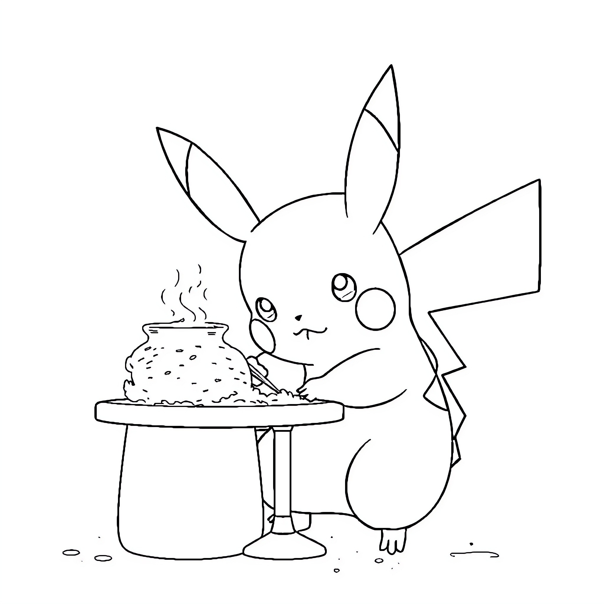 Pikachu enjoying a warm meal Coloring Page (free black-and-white line drawing printable PDF for all, from beginners to advanced learners, including children, teens, adults, and seniors)