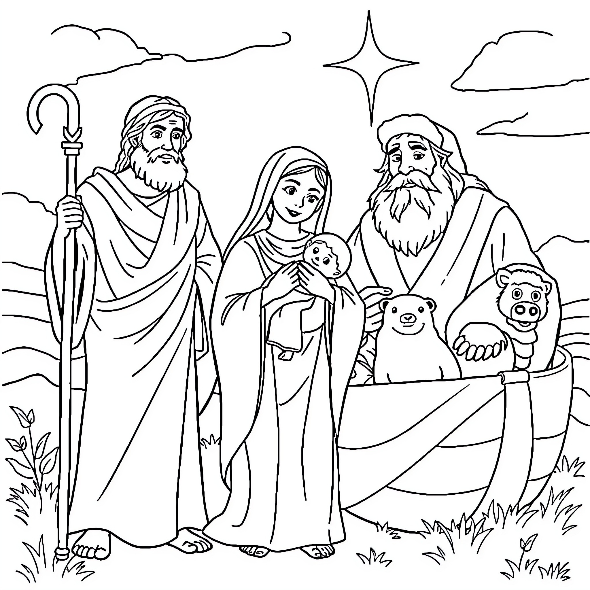 Bible Character Family in Peaceful Landscape Coloring Page (free black-and-white line drawing printable PDF for all, from beginners to advanced learners, including children, teens, adults, and seniors)