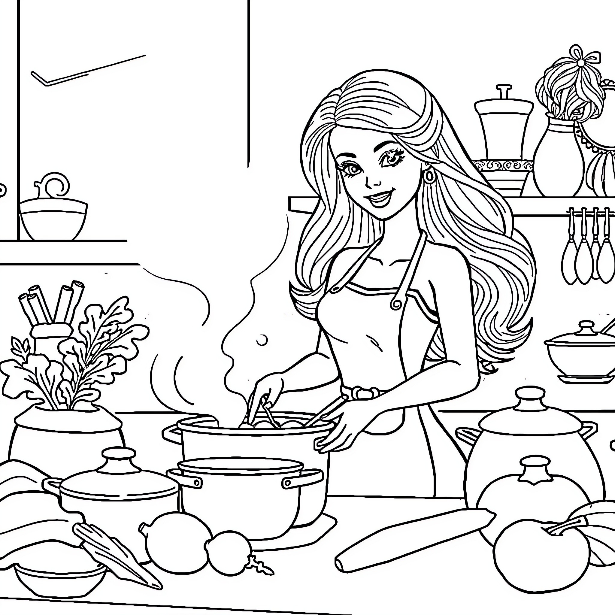 Barbie preparing a delicious meal in the kitchen Coloring Page (free black-and-white line drawing printable PDF for all, from beginners to advanced learners, including children, teens, adults, and seniors)