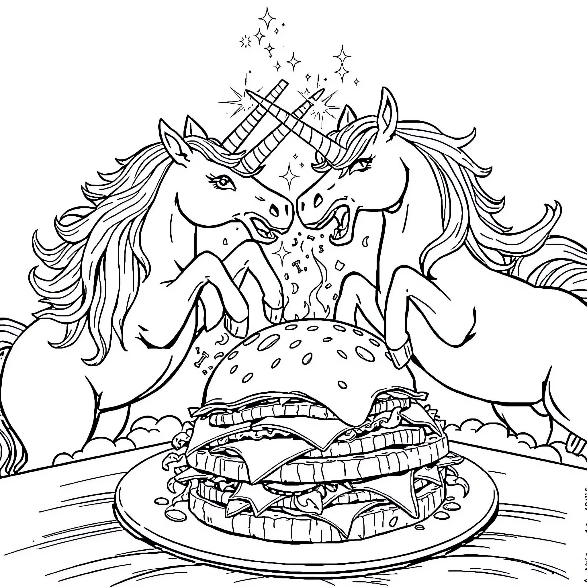 Unicorn unicorns feasting on magical mushroom meal Coloring Page (free black-and-white line drawing printable PDF for all, from beginners to advanced learners, including children, teens, adults, and seniors)
