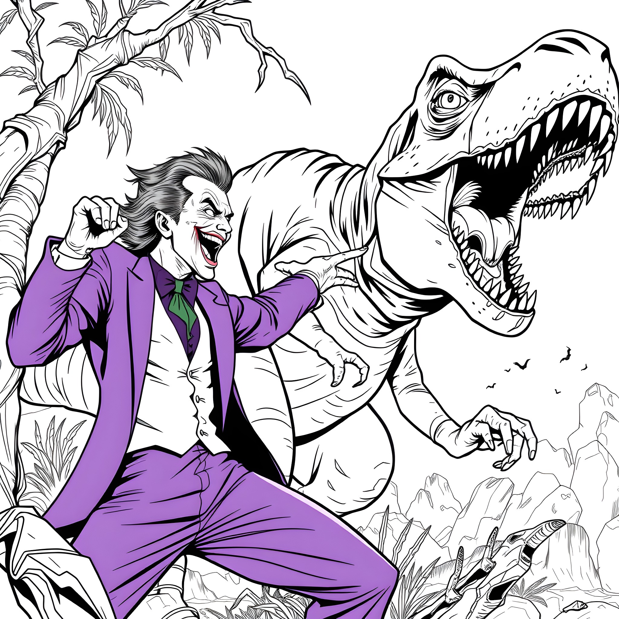 Joker confronting a fearsome dinosaur Coloring Page (free black-and-white line drawing printable PDF for all, from beginners to advanced learners, including children, teens, adults, and seniors)