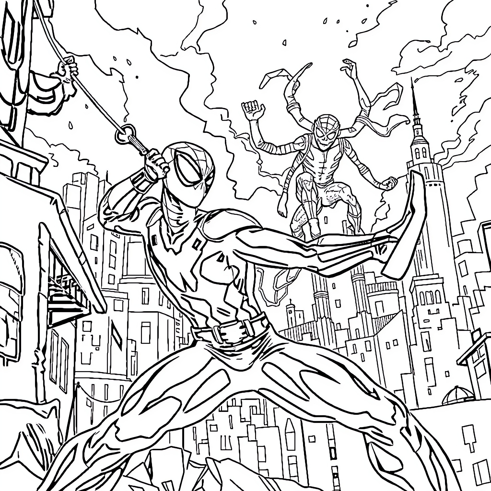 Spaiderman battling villains in the city Coloring Page (free black-and-white line drawing printable PDF for all, from beginners to advanced learners, including children, teens, adults, and seniors)