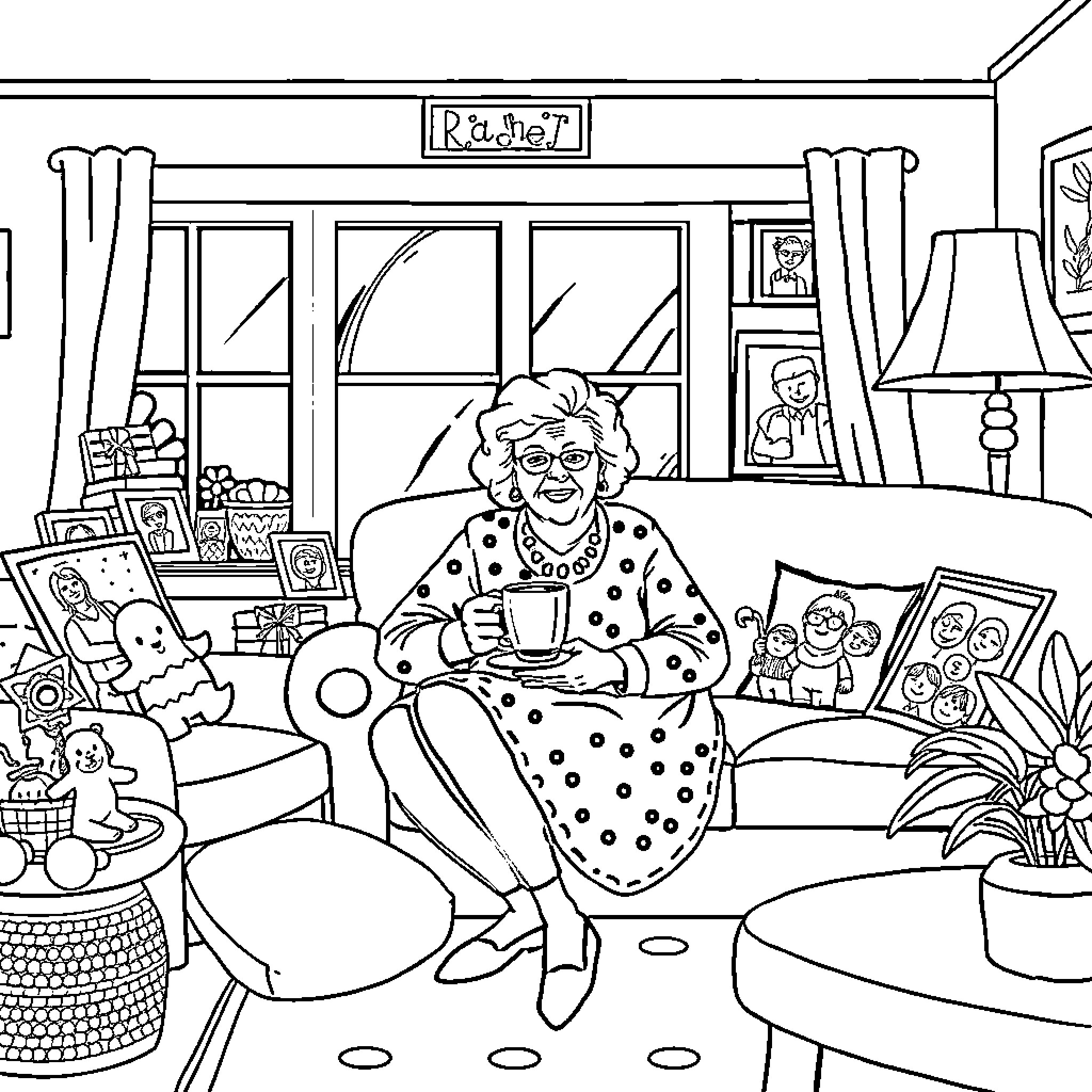 Mrs Rachel relaxing in her cozy living room Coloring Page (free black-and-white line drawing printable PDF for all, from beginners to advanced learners, including children, teens, adults, and seniors)