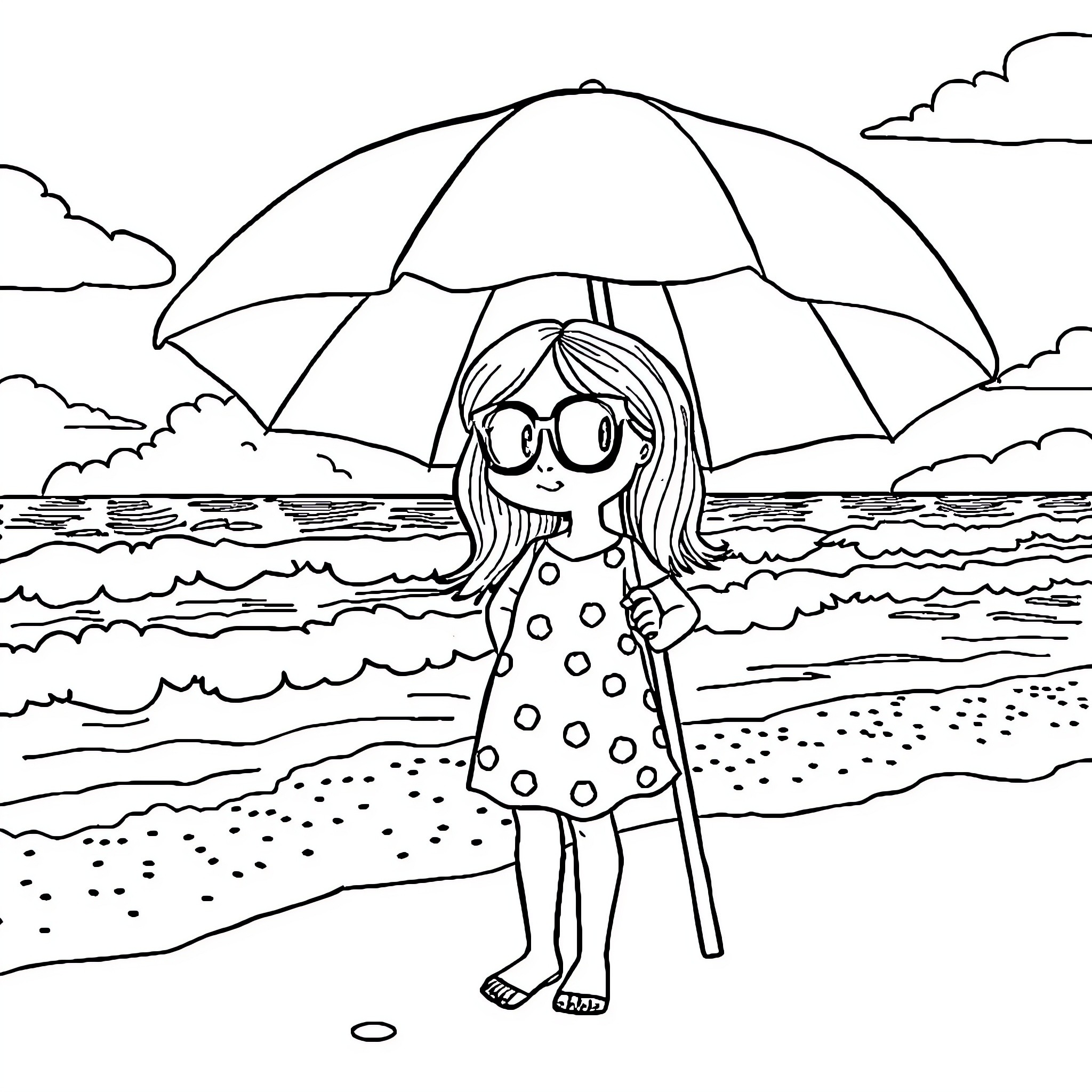 Wednesday Addams enjoys a rainy day at the beach Coloring Page (free black-and-white line drawing printable PDF for all, from beginners to advanced learners, including children, teens, adults, and seniors)