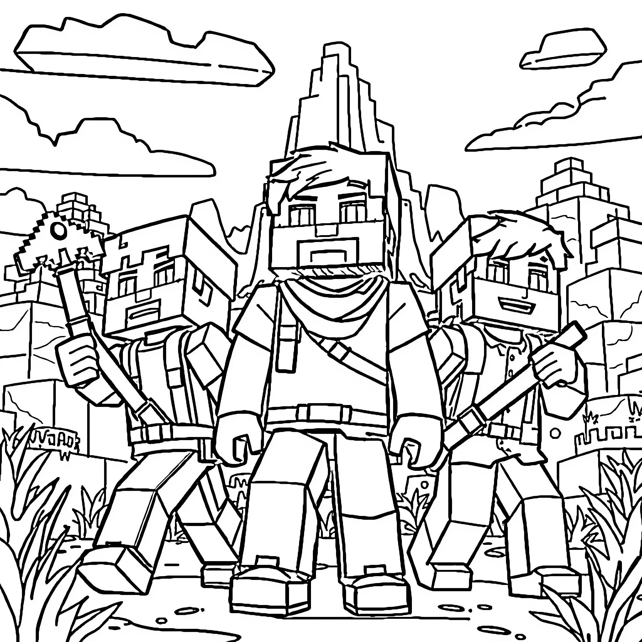 Brother and Friends Exploring Blocky Metropolis Coloring Page (free black-and-white line drawing printable PDF for all, from beginners to advanced learners, including children, teens, adults, and seniors)