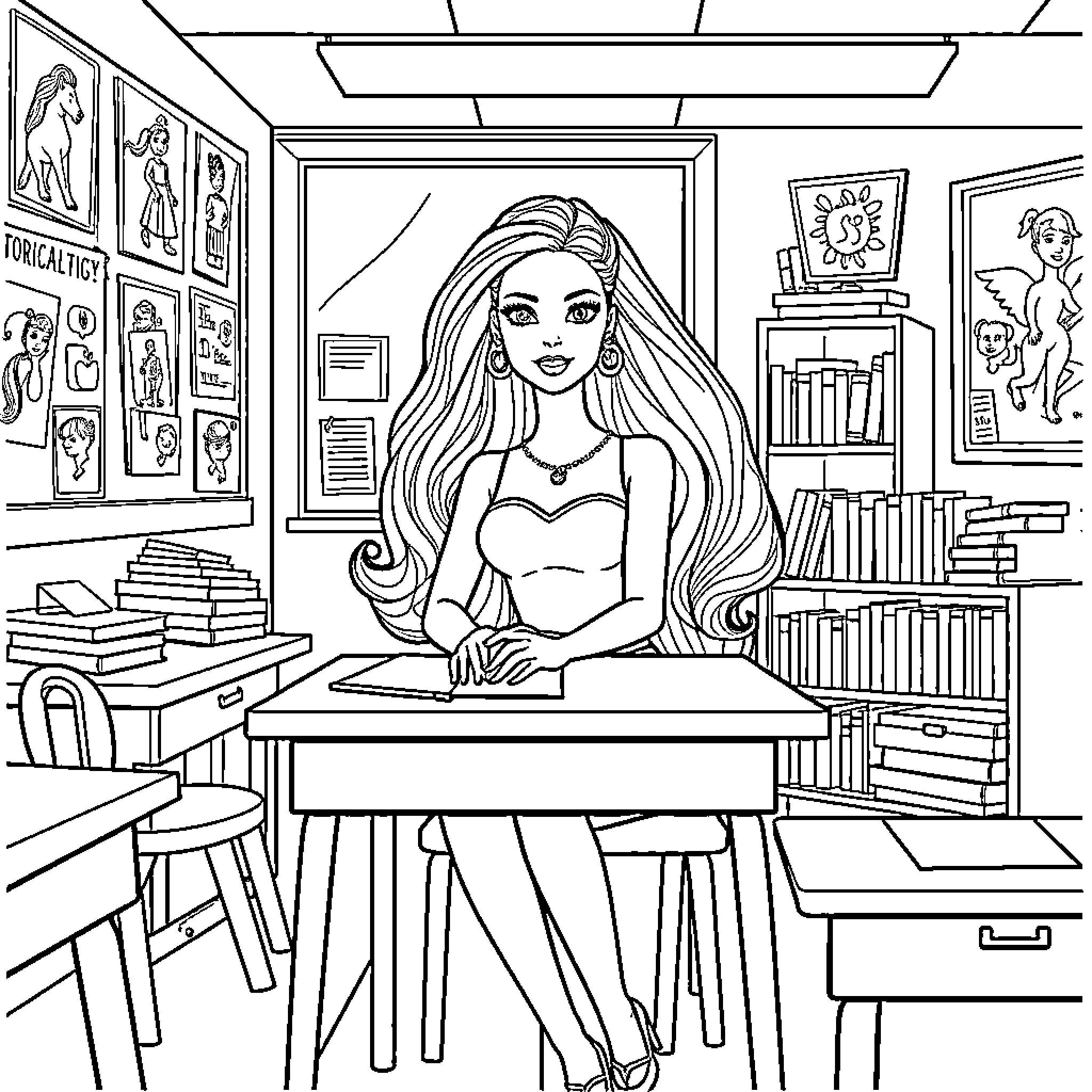 Barbie posing in her creative art studio Coloring Page (free black-and-white line drawing printable PDF for all, from beginners to advanced learners, including children, teens, adults, and seniors)