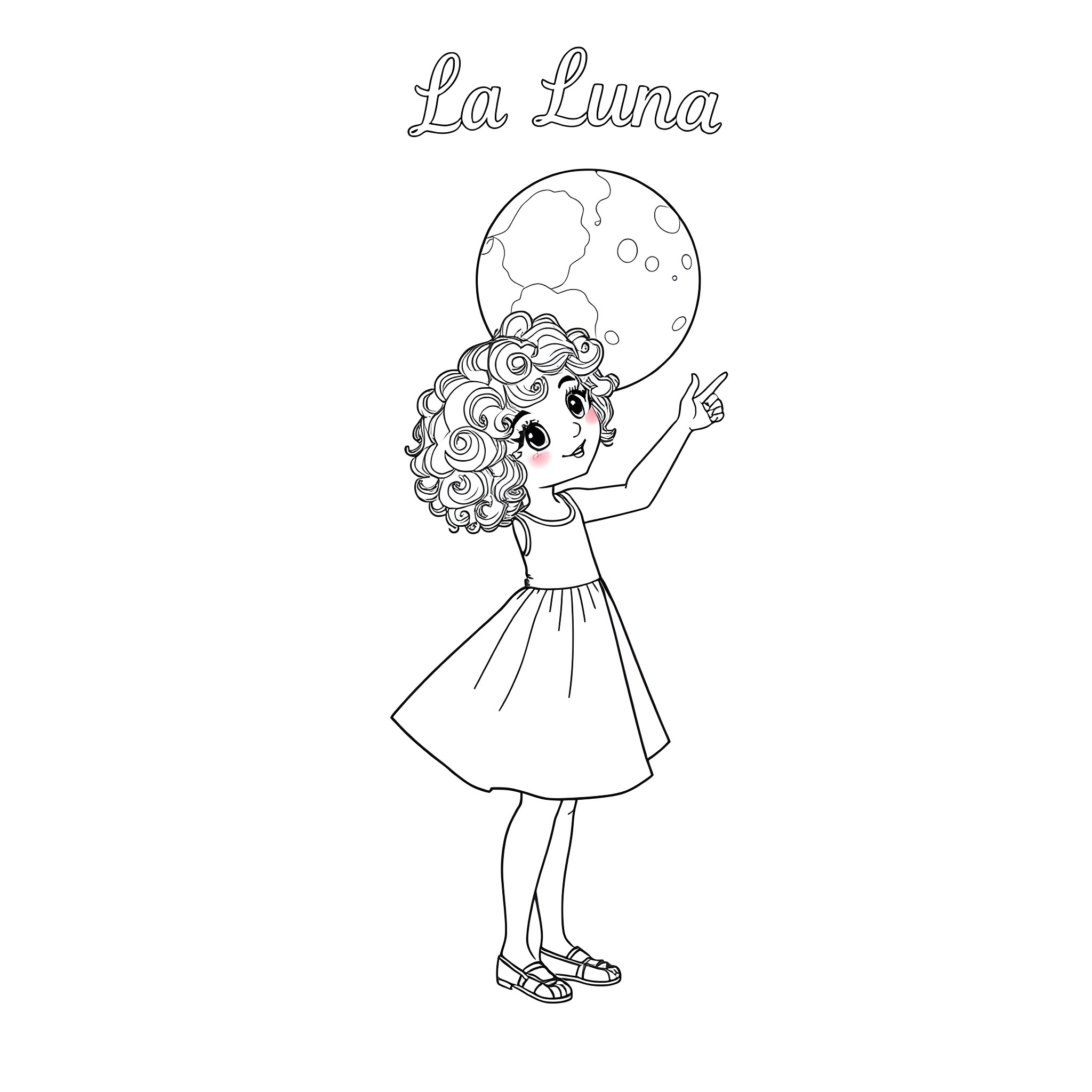 Girl gazing at the moon with wonder Coloring Page (free black-and-white line drawing printable PDF for all, from beginners to advanced learners, including children, teens, adults, and seniors)