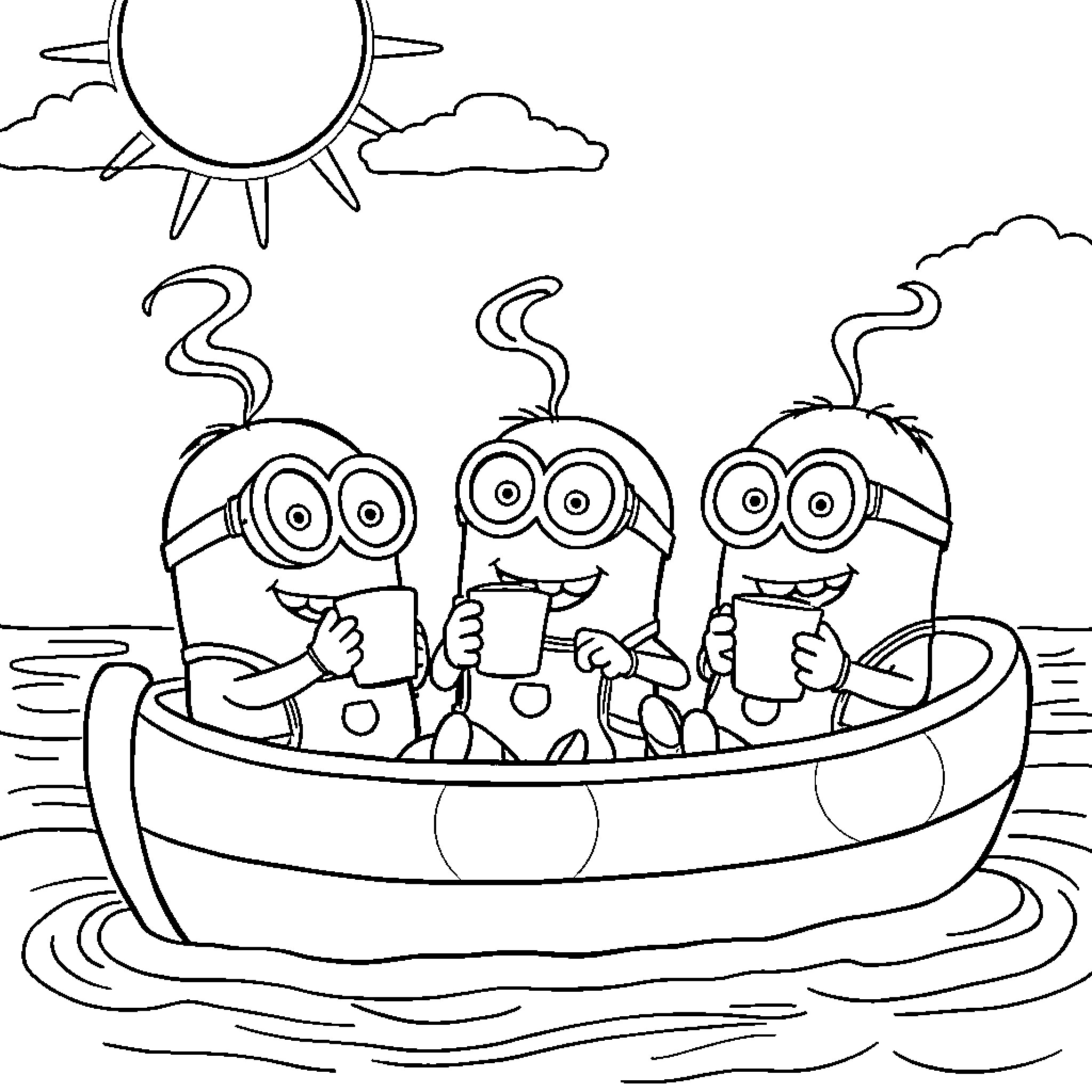 Minions enjoying a relaxing day at the beach Coloring Page (free black-and-white line drawing printable PDF for all, from beginners to advanced learners, including children, teens, adults, and seniors)