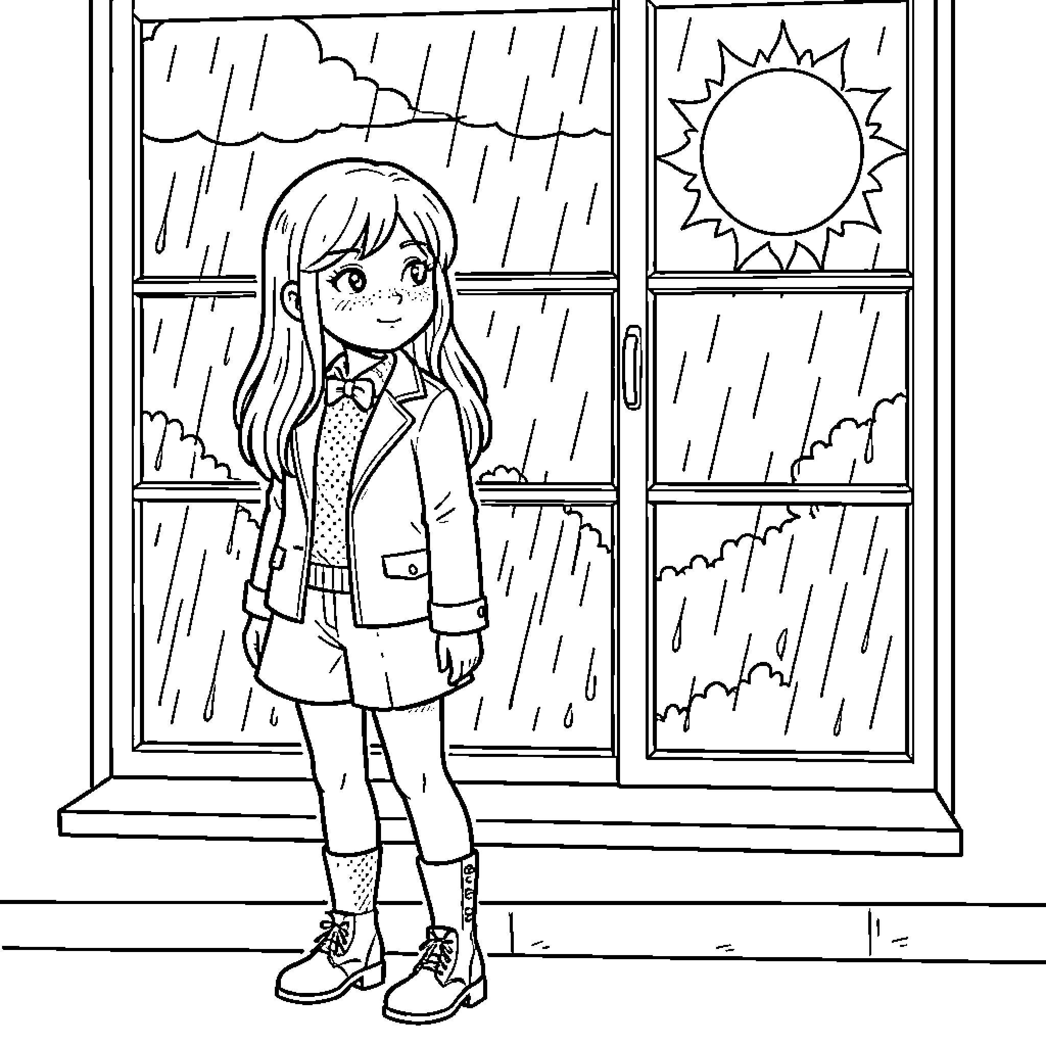 Girl standing by window during rainy day Coloring Page (free black-and-white line drawing printable PDF for all, from beginners to advanced learners, including children, teens, adults, and seniors)