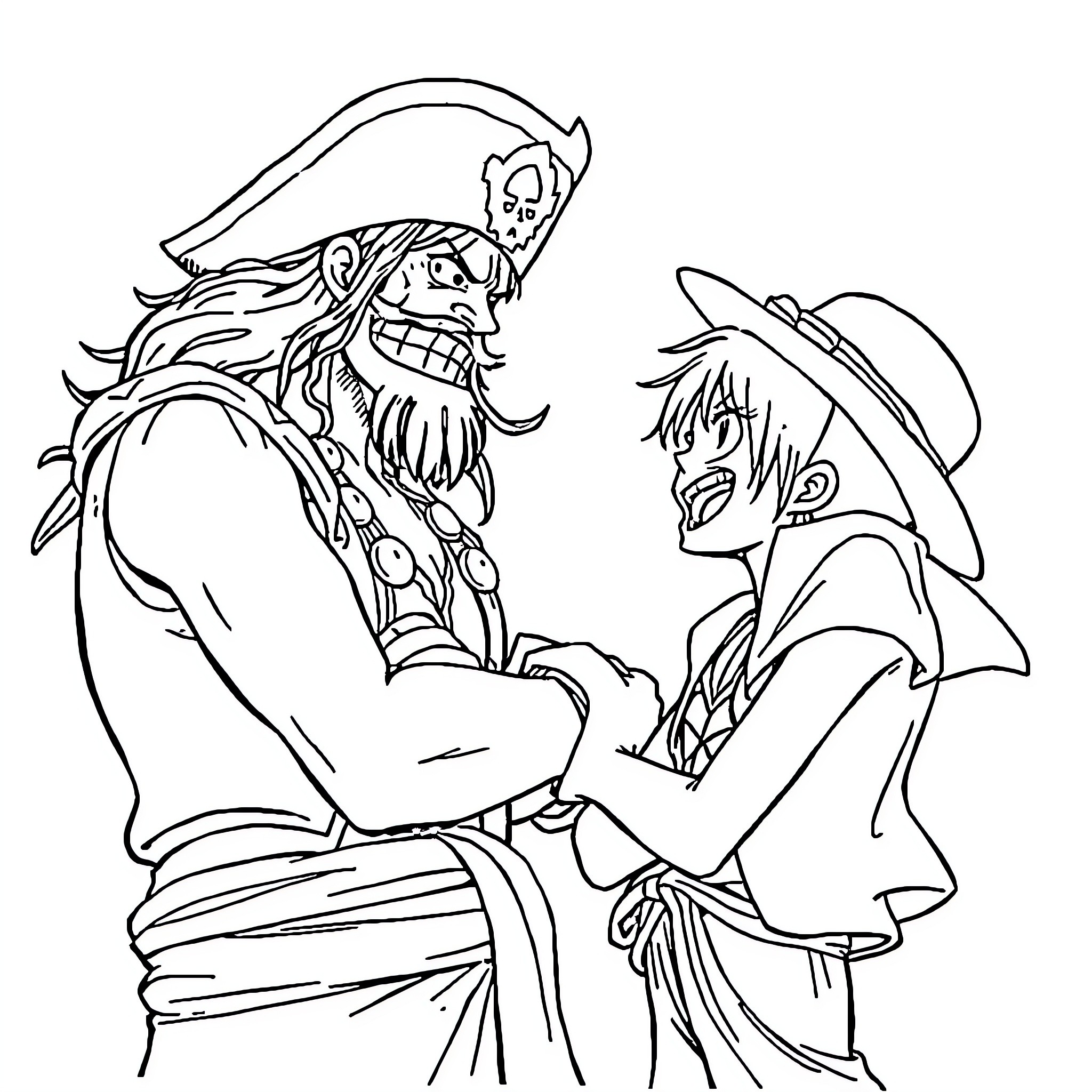 Luffy Challenging a Fierce Pirate Captain Coloring Page (free black-and-white line drawing printable PDF for all, from beginners to advanced learners, including children, teens, adults, and seniors)