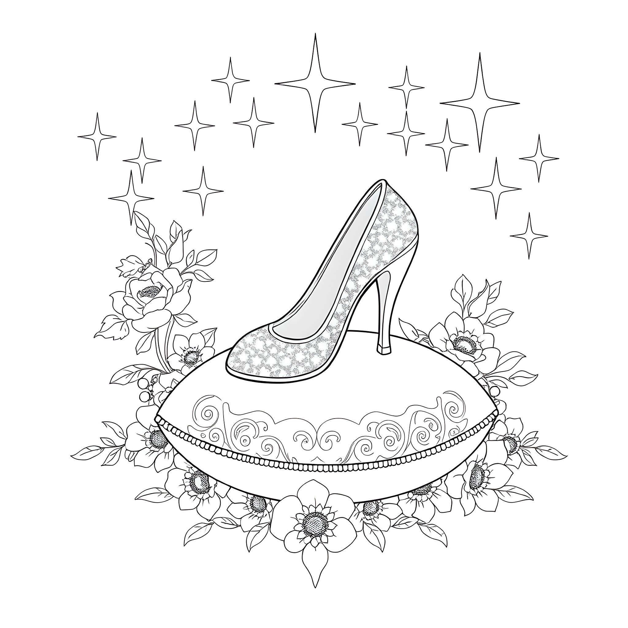 Cinderella's glass slipper with sparkling embellishments and floral accents Coloring Page (free black-and-white line drawing printable PDF for all, from beginners to advanced learners, including children, teens, adults, and seniors)
