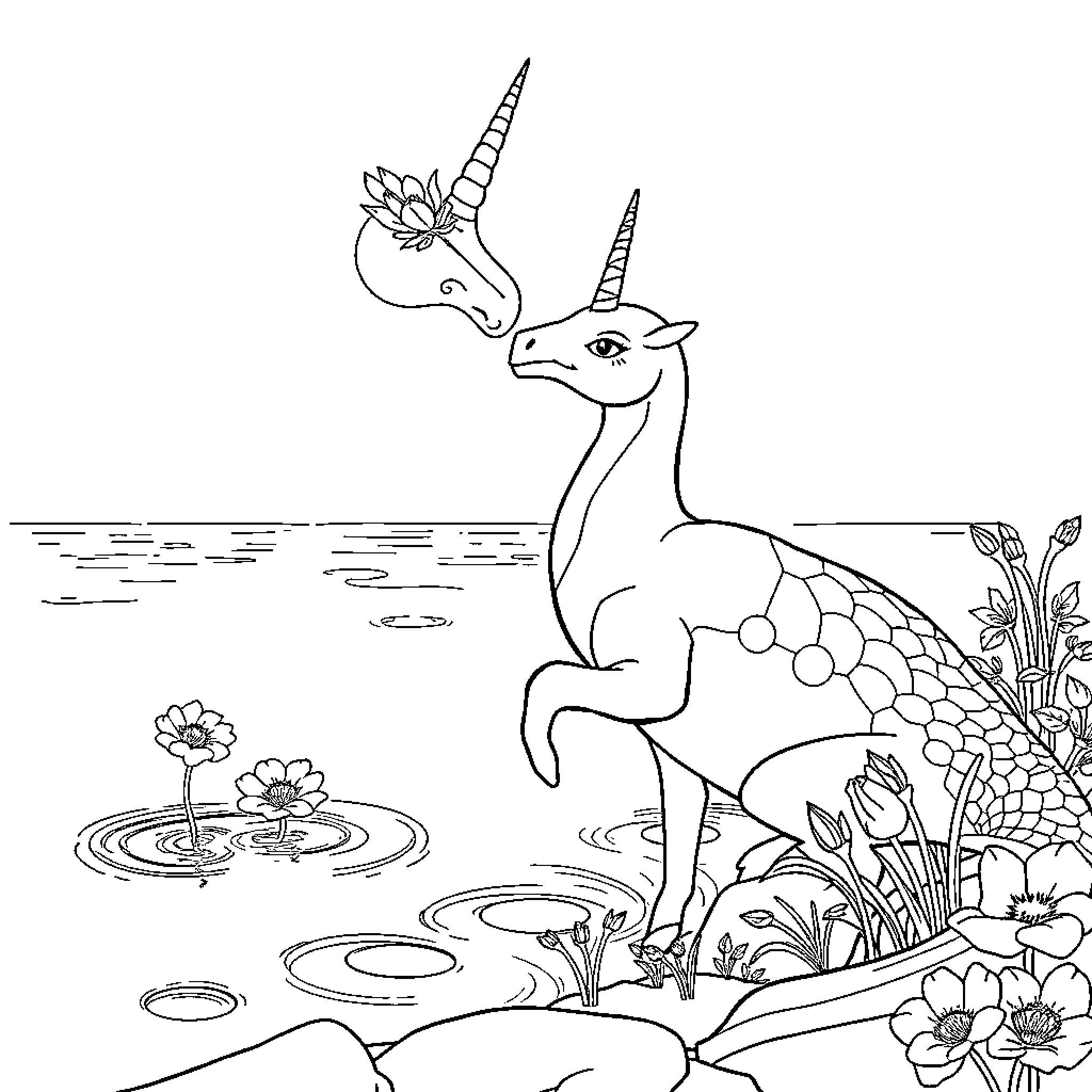 Siren unicorns frolicking in enchanted pond Coloring Page (free black-and-white line drawing printable PDF for all, from beginners to advanced learners, including children, teens, adults, and seniors)