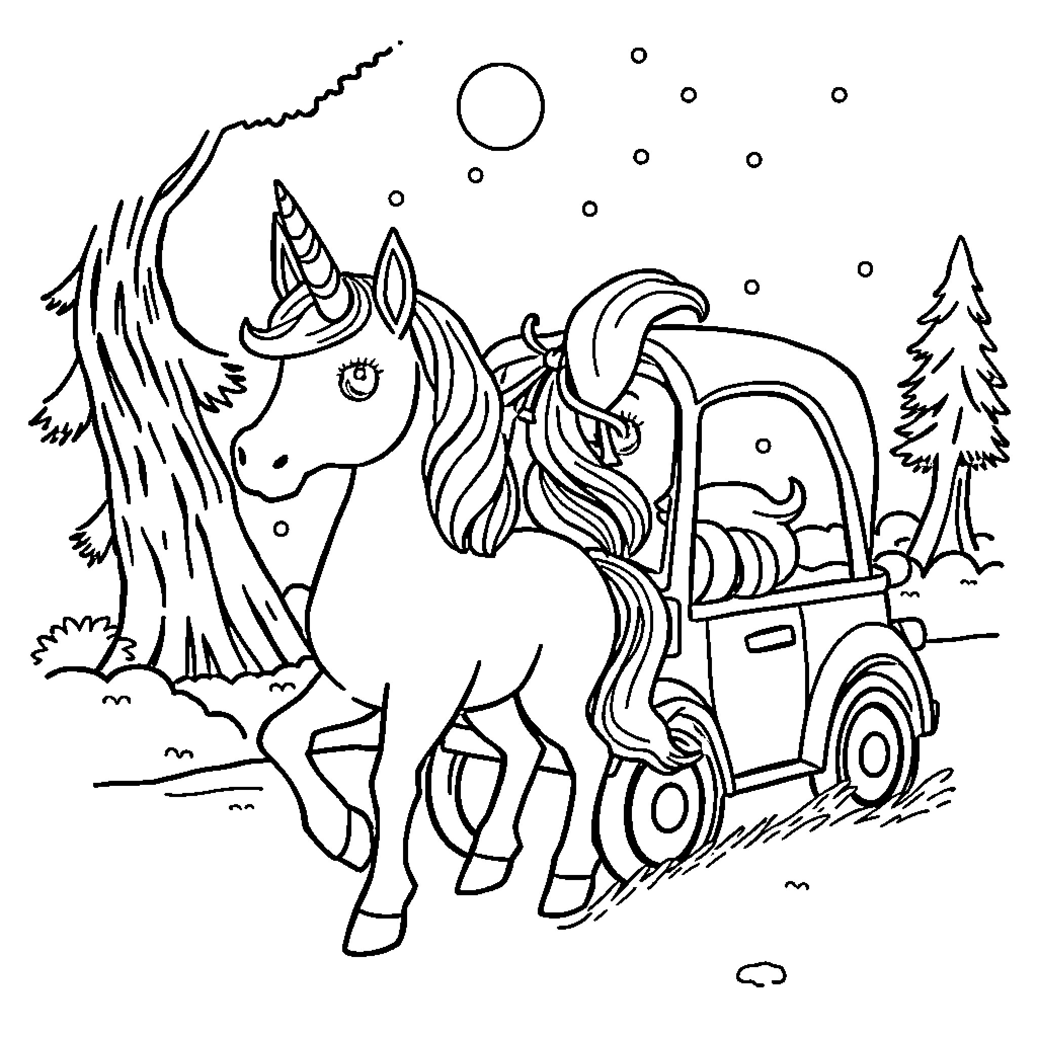 Girl and Unicorn Exploring the Snowy Wonderland Coloring Page (free black-and-white line drawing printable PDF for all, from beginners to advanced learners, including children, teens, adults, and seniors)