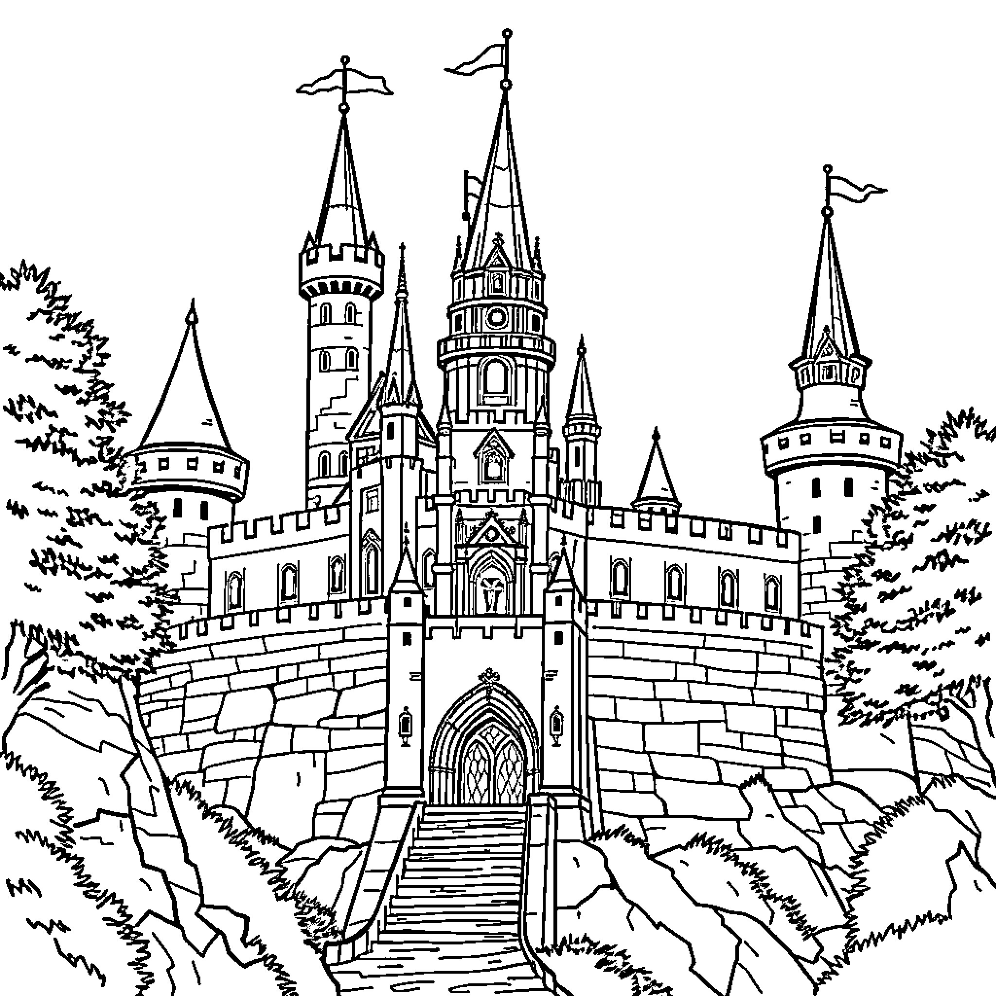 Castle with Ornate Towers and Architecture Coloring Page (free black-and-white line drawing printable PDF for all, from beginners to advanced learners, including children, teens, adults, and seniors)