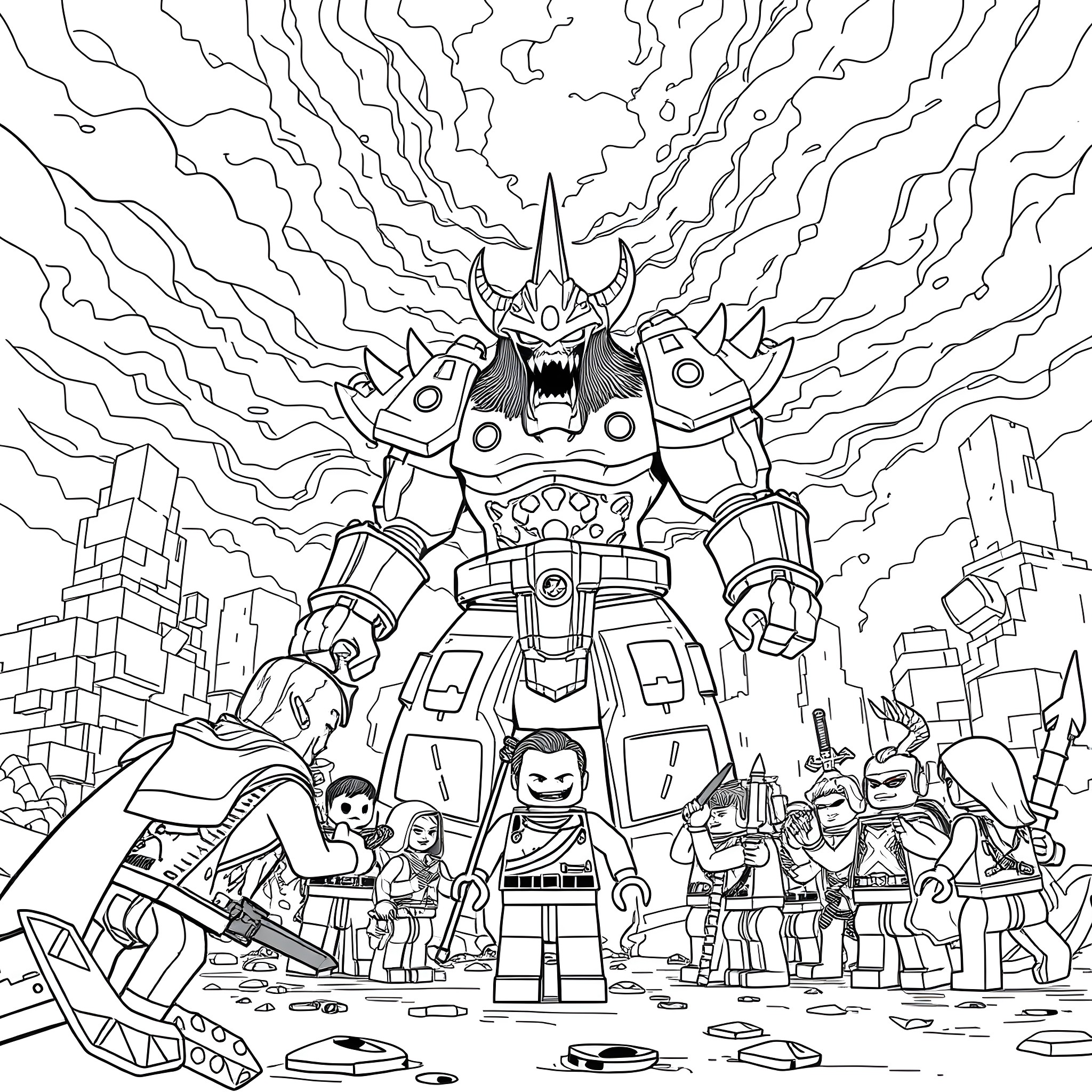 Lego figures facing a monstrous Lego robot Coloring Page (free black-and-white line drawing printable PDF for all, from beginners to advanced learners, including children, teens, adults, and seniors)