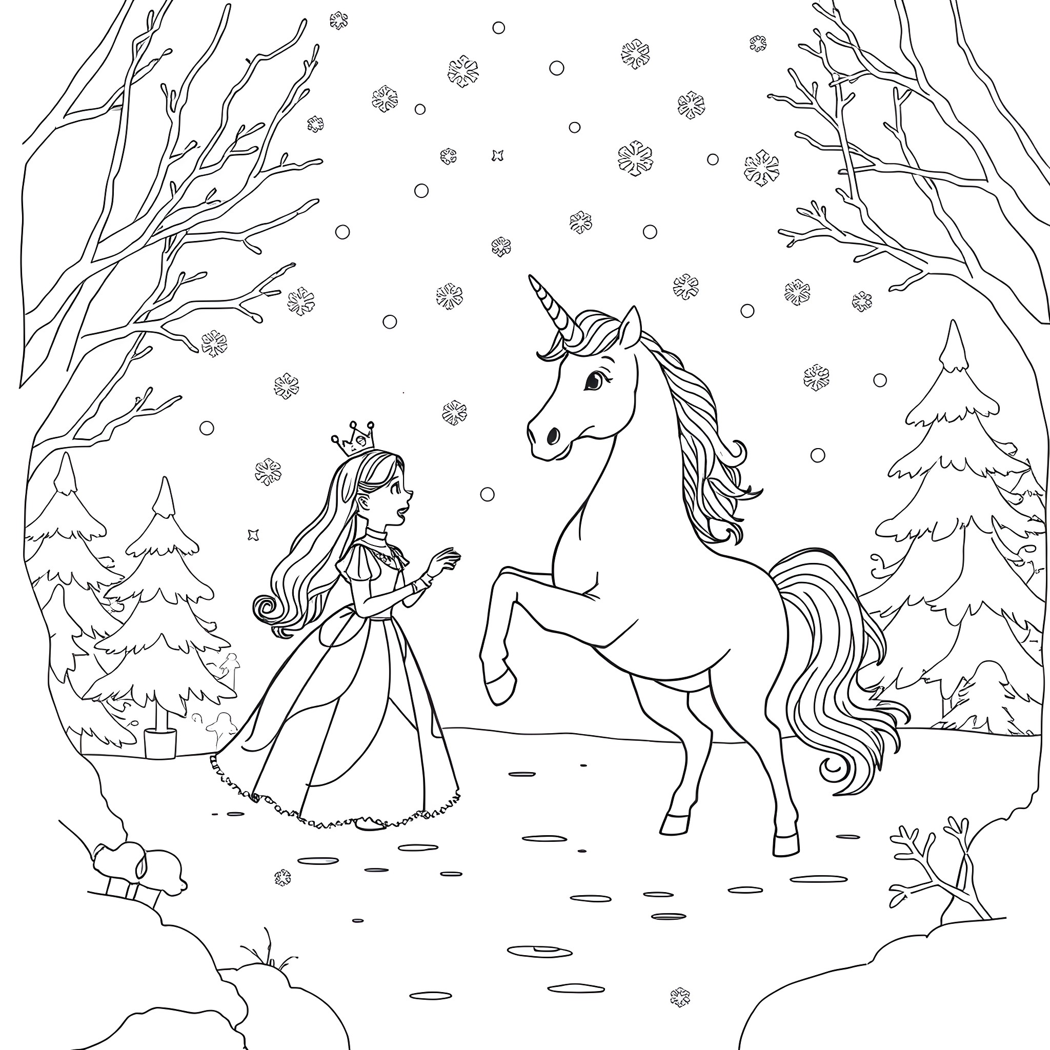 Unicorn Encounter in Winter Wonderland Coloring Page (free black-and-white line drawing printable PDF for all, from beginners to advanced learners, including children, teens, adults, and seniors)