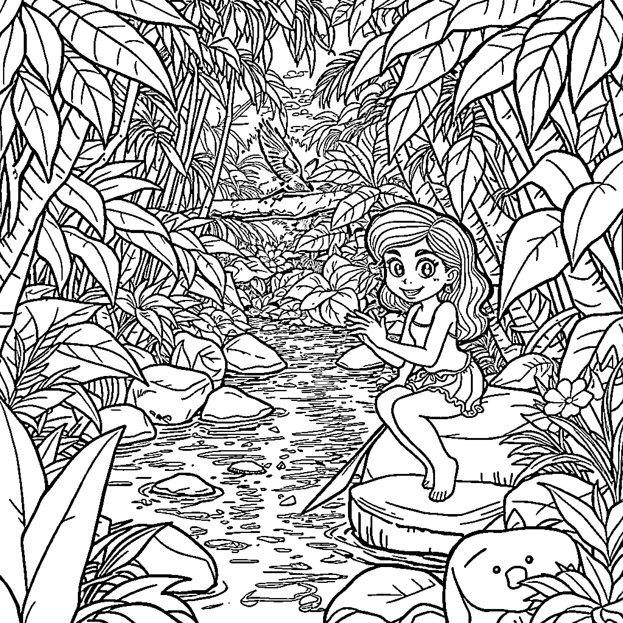 Rosita's Enchanted Jungle Adventure Coloring Page (free black-and-white line drawing printable PDF for all, from beginners to advanced learners, including children, teens, adults, and seniors)