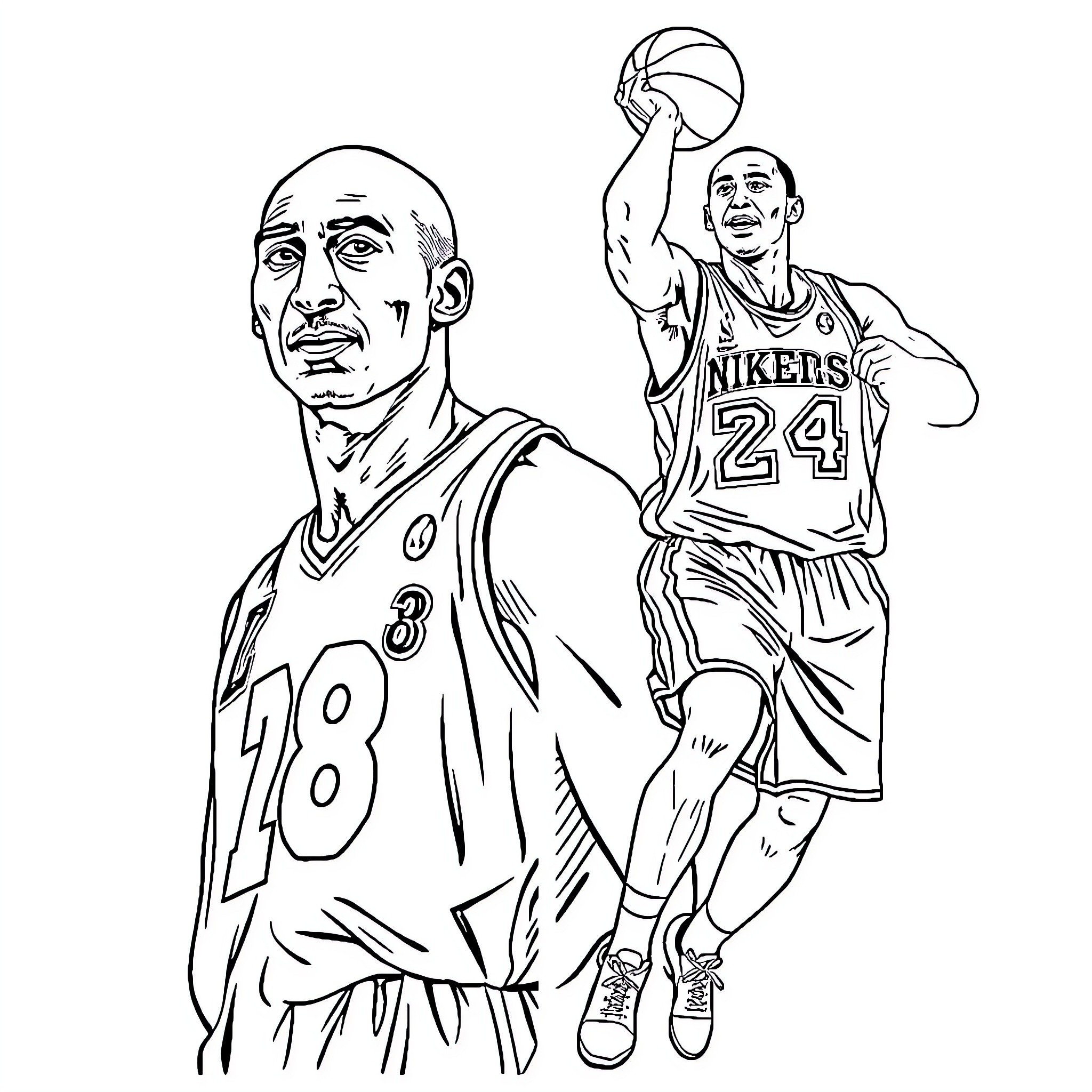 Kobe Shooting Basketball in Lakers Uniform Coloring Page (free black-and-white line drawing printable PDF for all, from beginners to advanced learners, including children, teens, adults, and seniors)