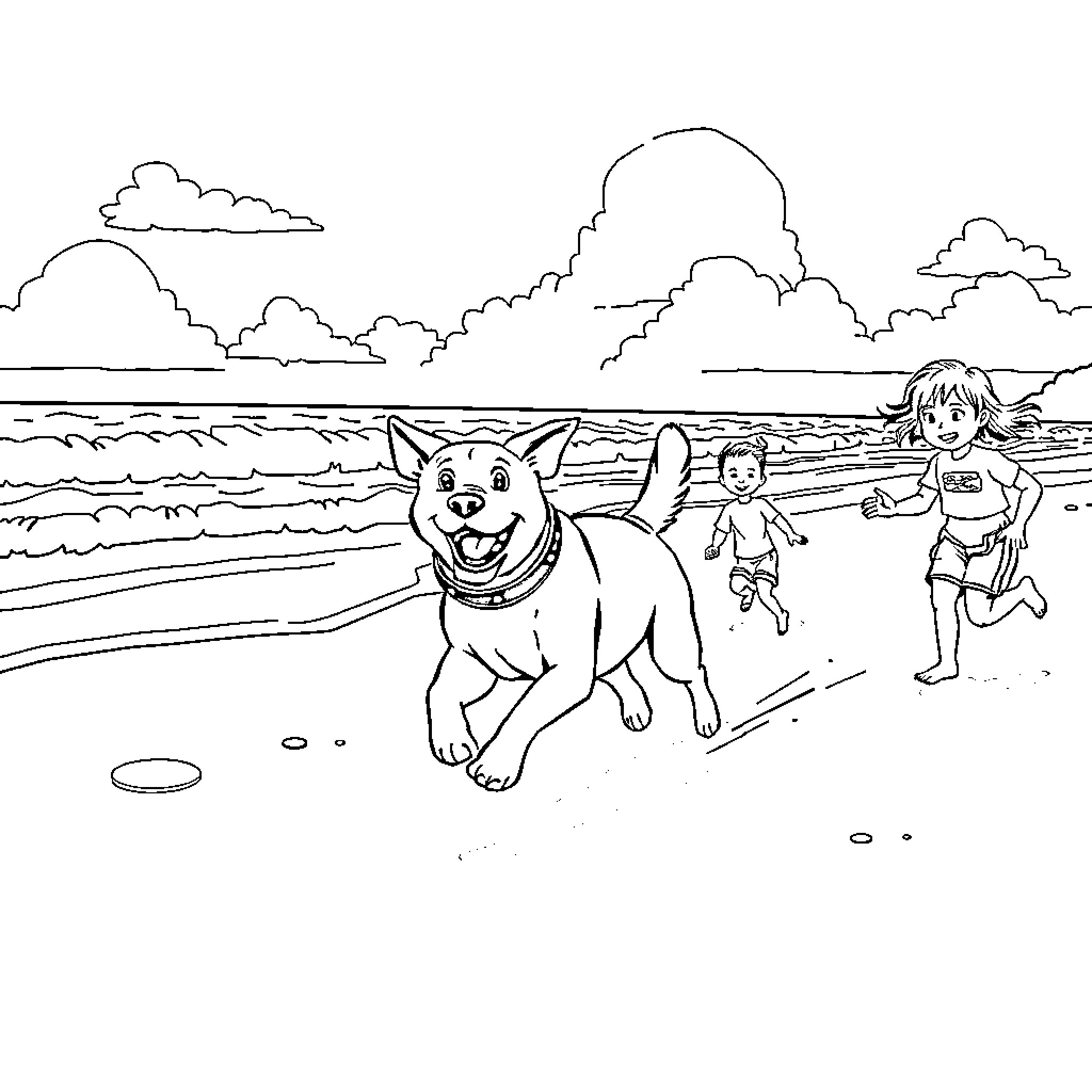 Dog frolicking with child at the beach Coloring Page (free black-and-white line drawing printable PDF for all, from beginners to advanced learners, including children, teens, adults, and seniors)
