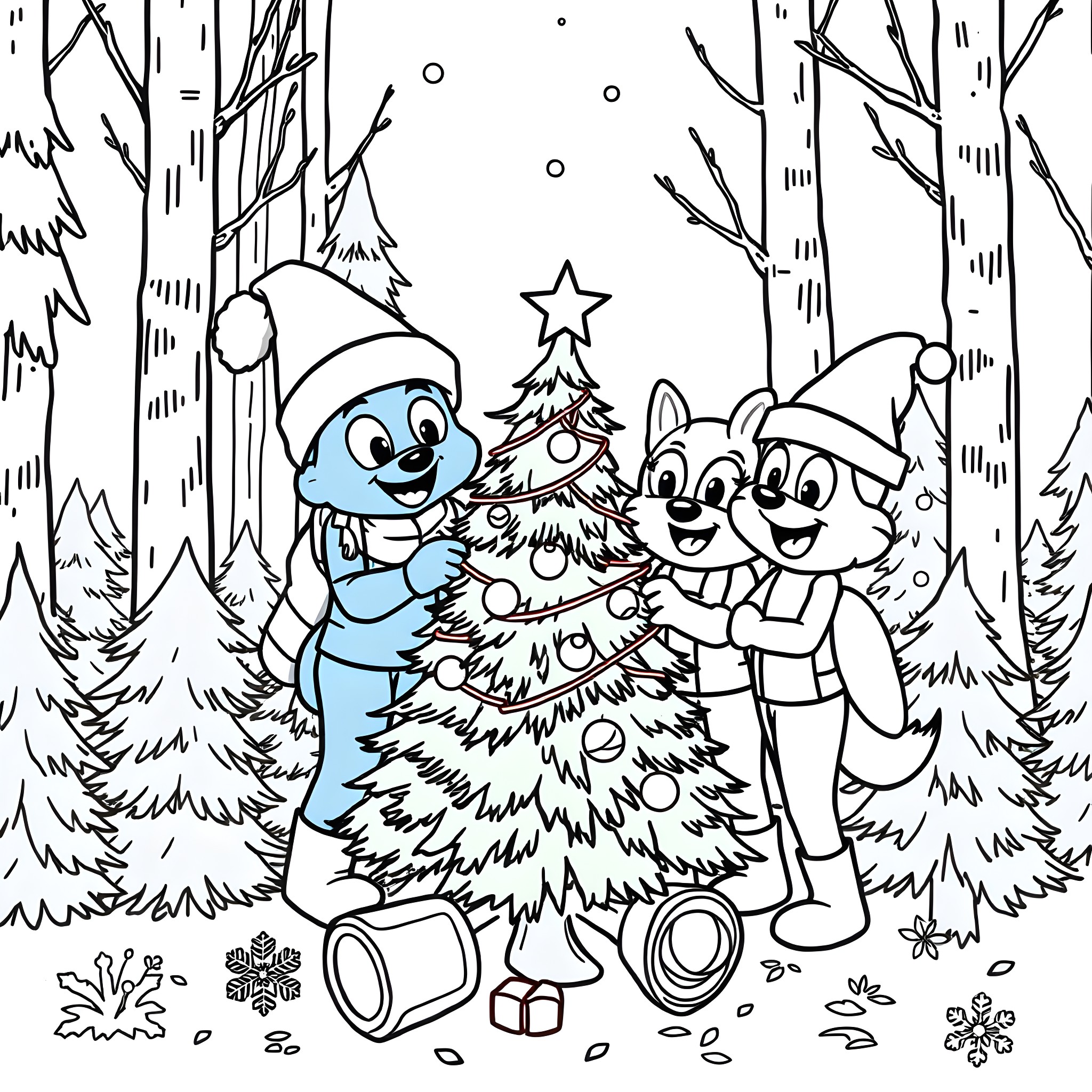 Bluey and friends decorating a Christmas tree in the forest Coloring Page (free black-and-white line drawing printable PDF for all, from beginners to advanced learners, including children, teens, adults, and seniors)