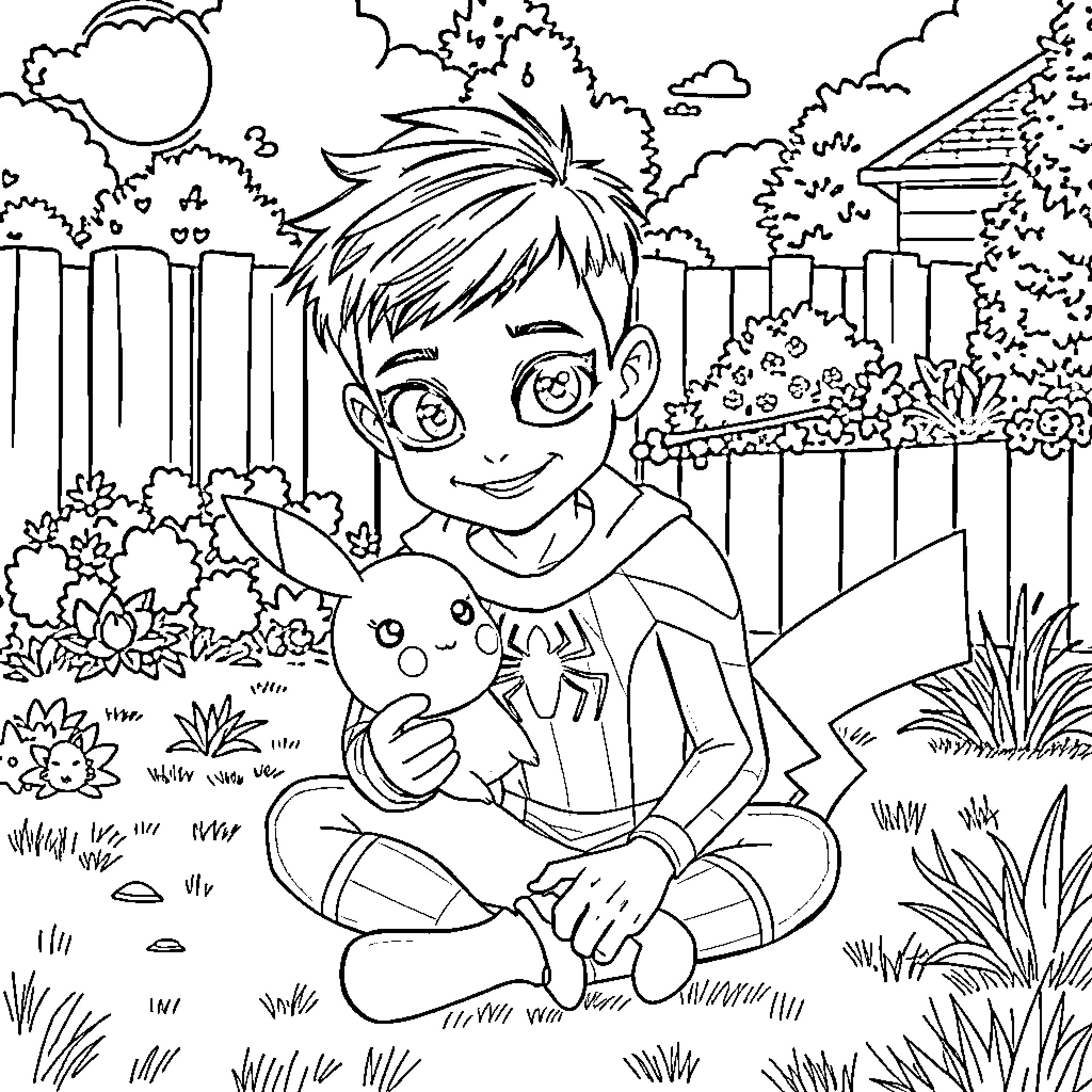 Kid playing with pet in outdoor garden scene Coloring Page (free black-and-white line drawing printable PDF for all, from beginners to advanced learners, including children, teens, adults, and seniors)