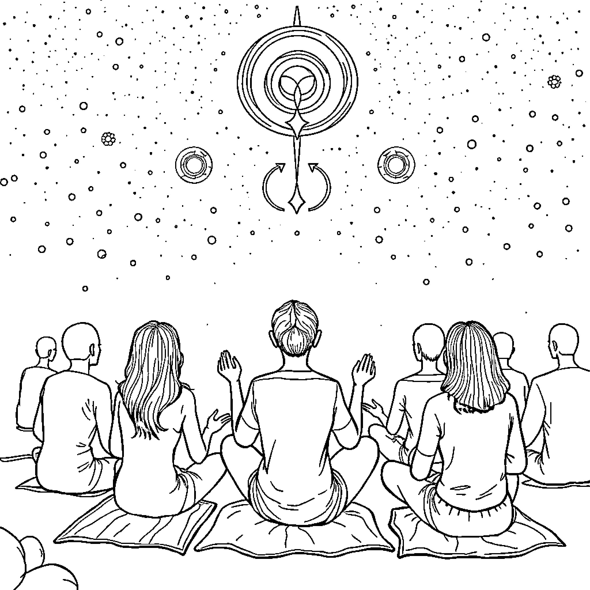 Meditation on a cosmic landscape Coloring Page (free black-and-white line drawing printable PDF for all, from beginners to advanced learners, including children, teens, adults, and seniors)