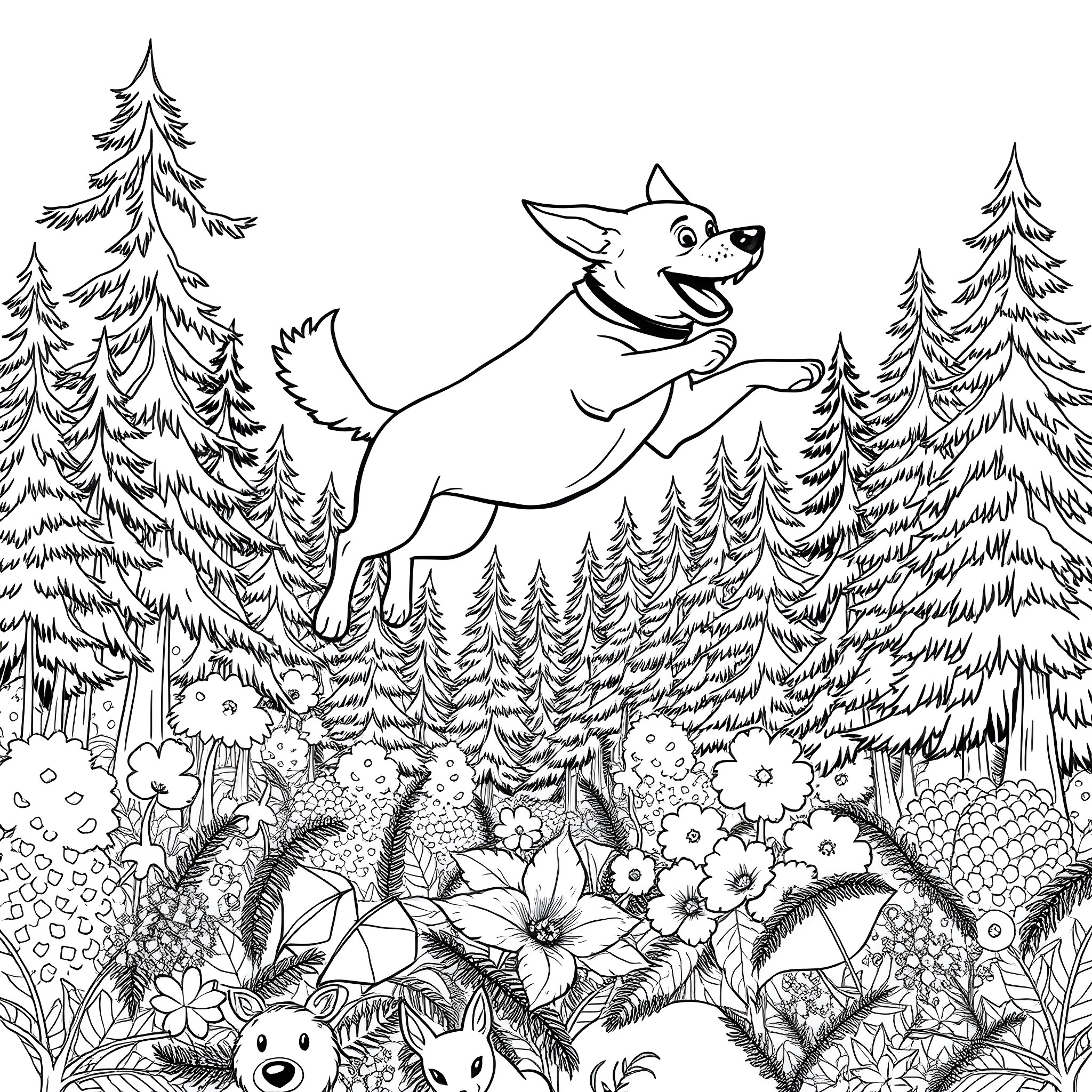 Dog jumping happily in a forest Coloring Page (free black-and-white line drawing printable PDF for all, from beginners to advanced learners, including children, teens, adults, and seniors)