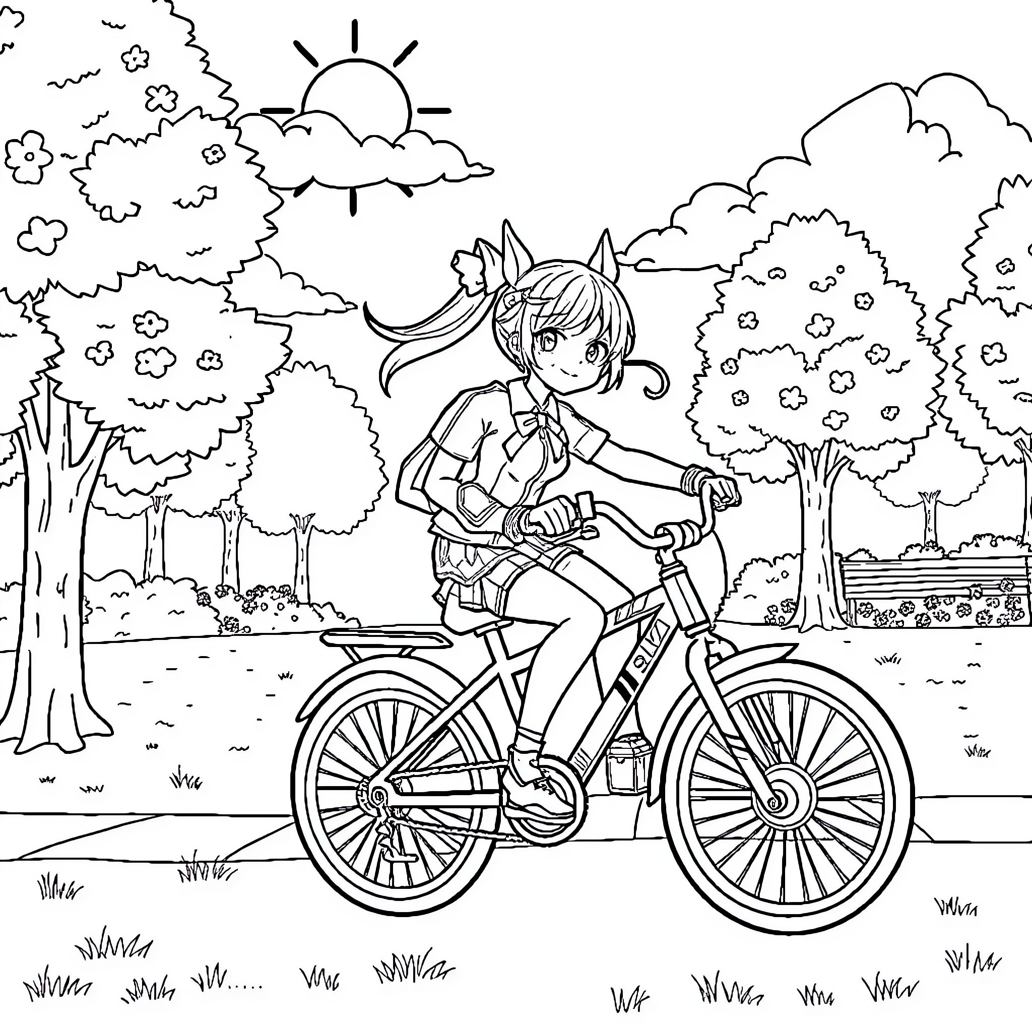Mavuika Rides Bicycle Through Scenic Landscape Coloring Page (free black-and-white line drawing printable PDF for all, from beginners to advanced learners, including children, teens, adults, and seniors)