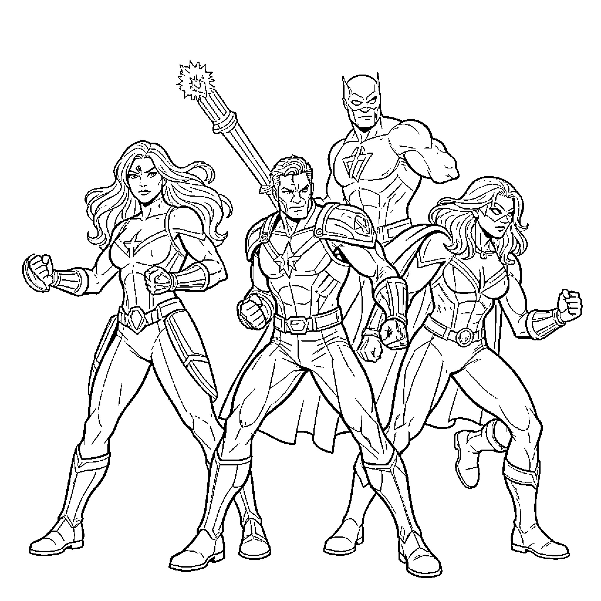 Avenger Superheroes in Action Poses Coloring Page (free black-and-white line drawing printable PDF for all, from beginners to advanced learners, including children, teens, adults, and seniors)