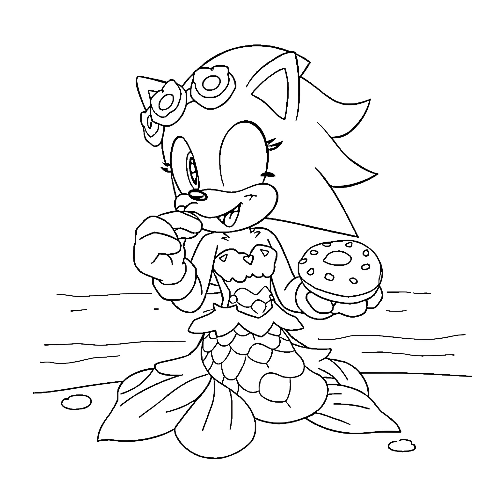 Sonic mermaid enjoying a tasty treat Coloring Page (free black-and-white line drawing printable PDF for all, from beginners to advanced learners, including children, teens, adults, and seniors)