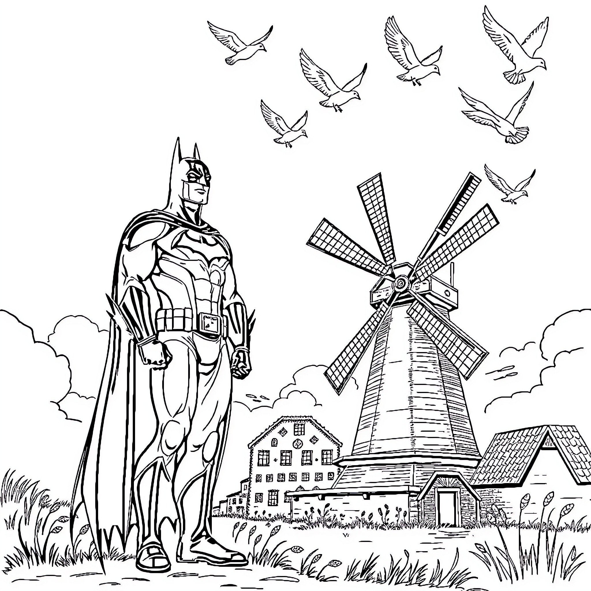 Batman standing before windmill and birds in the sky Coloring Page (free black-and-white line drawing printable PDF for all, from beginners to advanced learners, including children, teens, adults, and seniors)