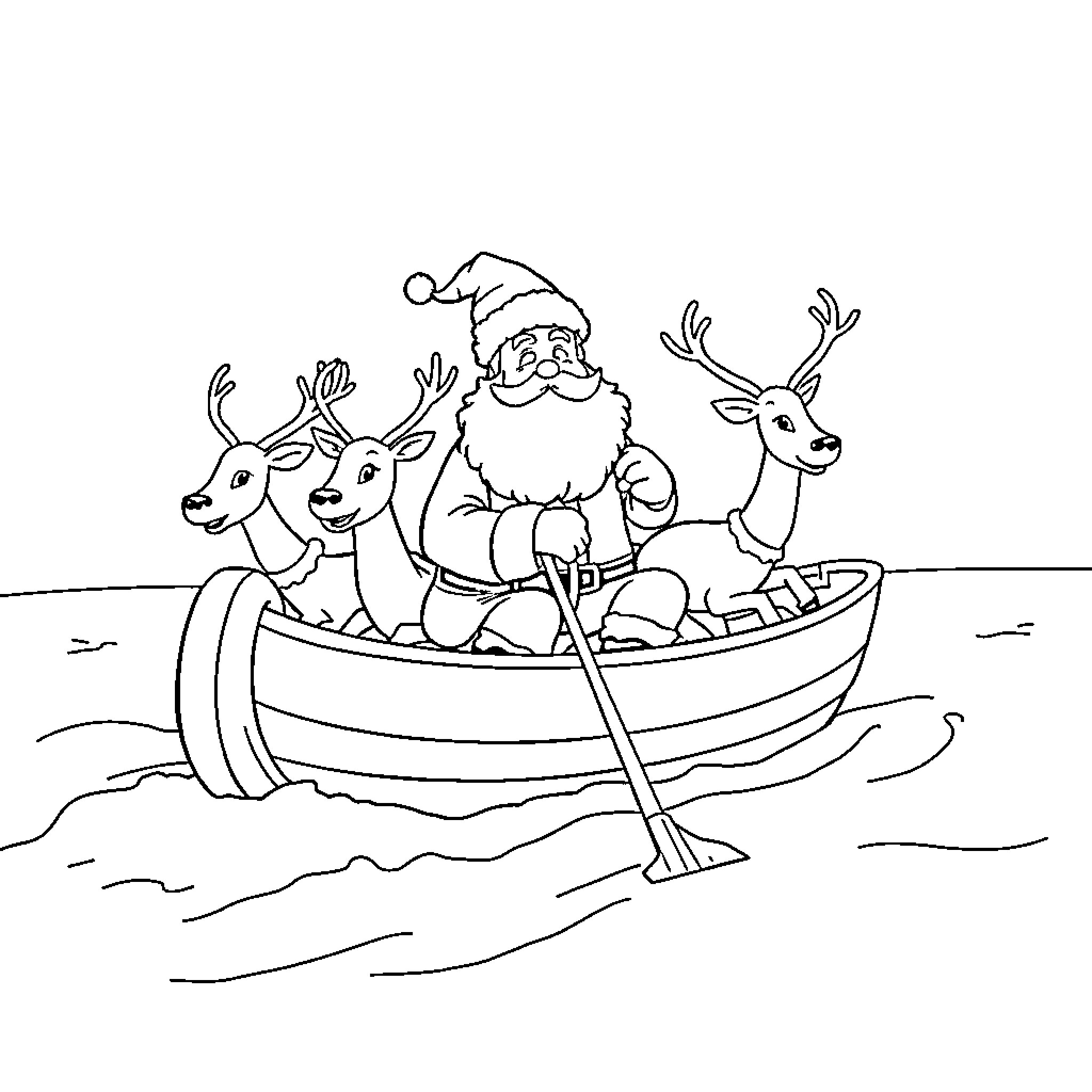 Santa sailing with reindeer in boat Coloring Page (free black-and-white line drawing printable PDF for all, from beginners to advanced learners, including children, teens, adults, and seniors)
