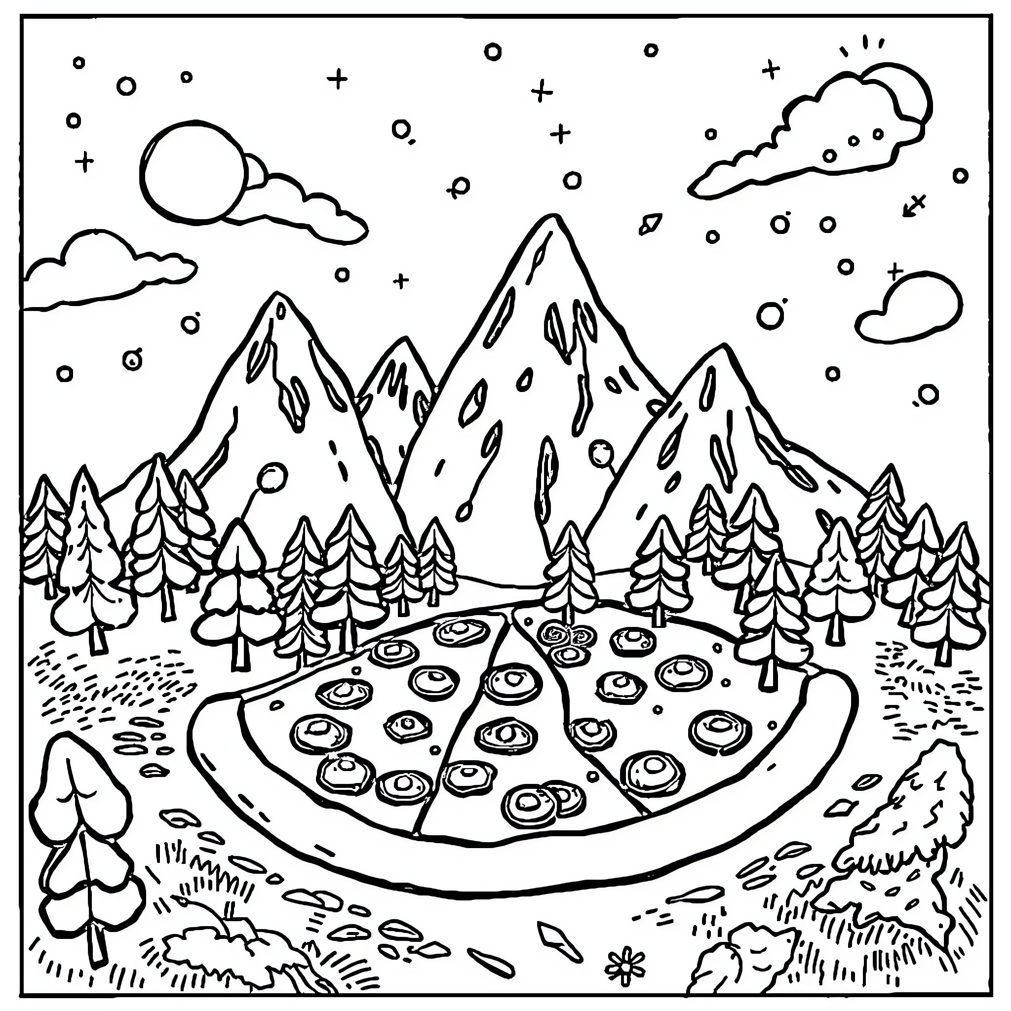Pizza in the Snowy Mountain Landscape Coloring Page (free black-and-white line drawing printable PDF for all, from beginners to advanced learners, including children, teens, adults, and seniors)