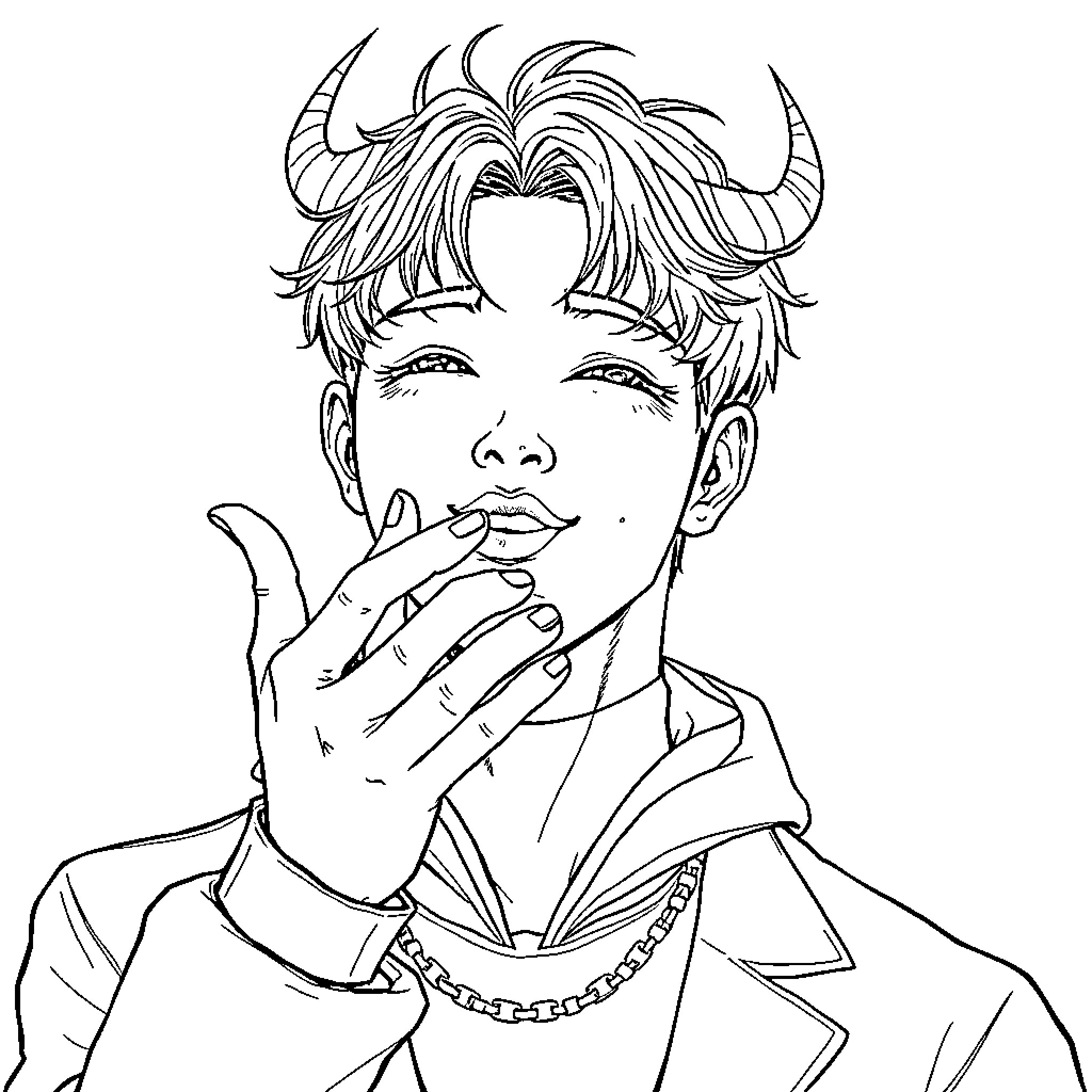 Jinu's Mischievous Expression and Stylish Attire Coloring Page (free black-and-white line drawing printable PDF for all, from beginners to advanced learners, including children, teens, adults, and seniors)