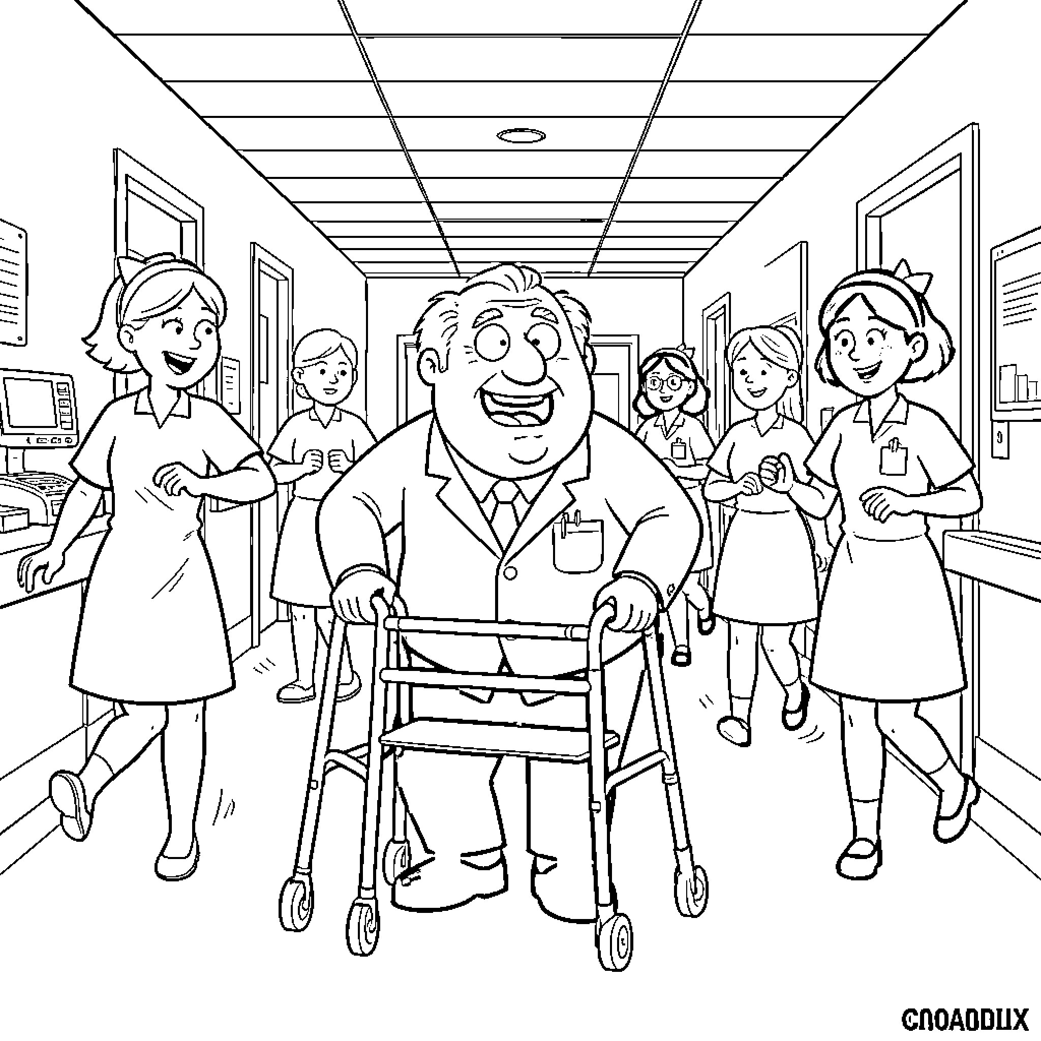 Herbert's Cheerful Hospital Visit with Caring Staff Coloring Page (free black-and-white line drawing printable PDF for all, from beginners to advanced learners, including children, teens, adults, and seniors)