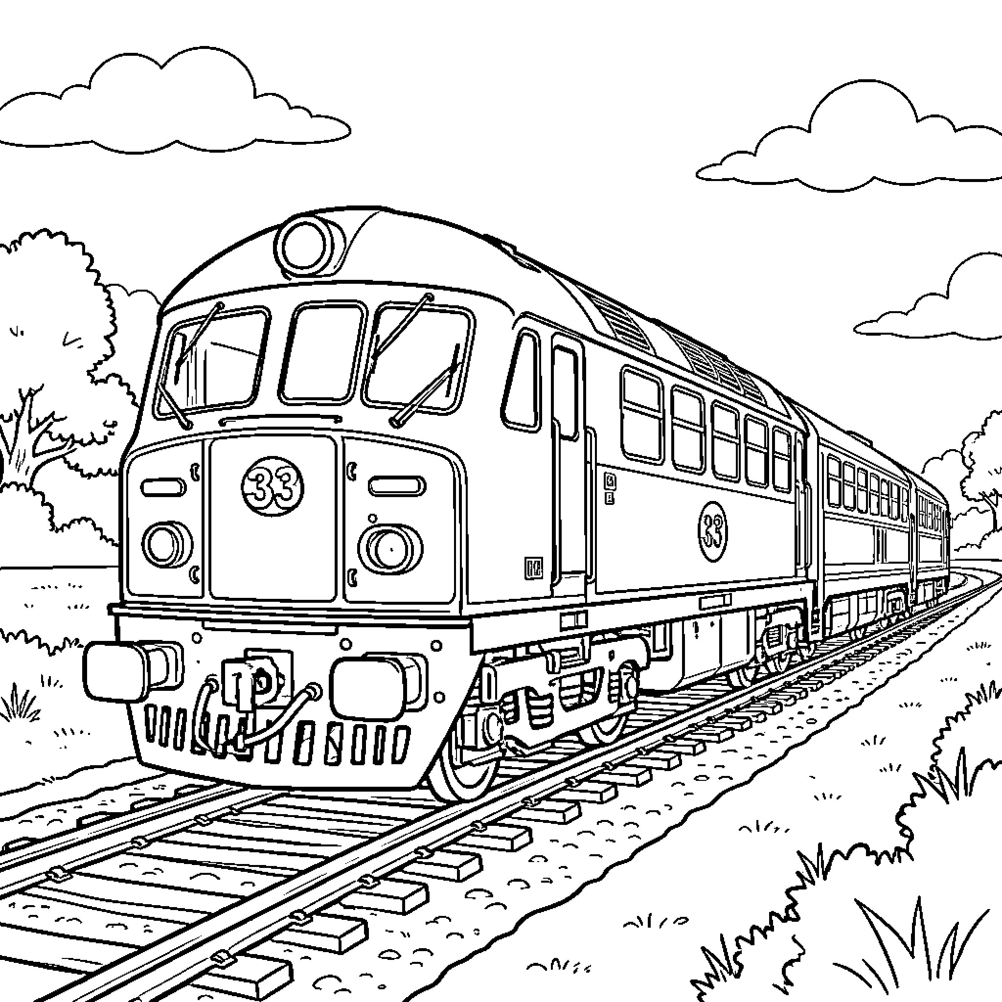 Class 33 locomotive traveling along railroad tracks Coloring Page (free black-and-white line drawing printable PDF for all, from beginners to advanced learners, including children, teens, adults, and seniors)