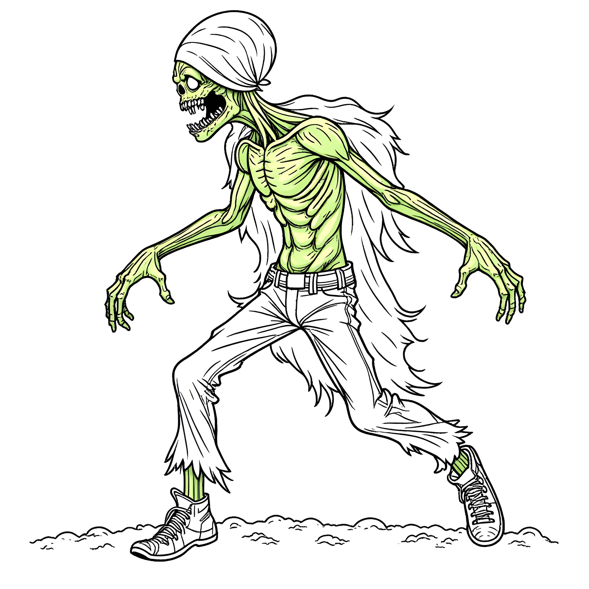 Zombie in Tattered Clothing Lurching Forward Coloring Page (free black-and-white line drawing printable PDF for all, from beginners to advanced learners, including children, teens, adults, and seniors)