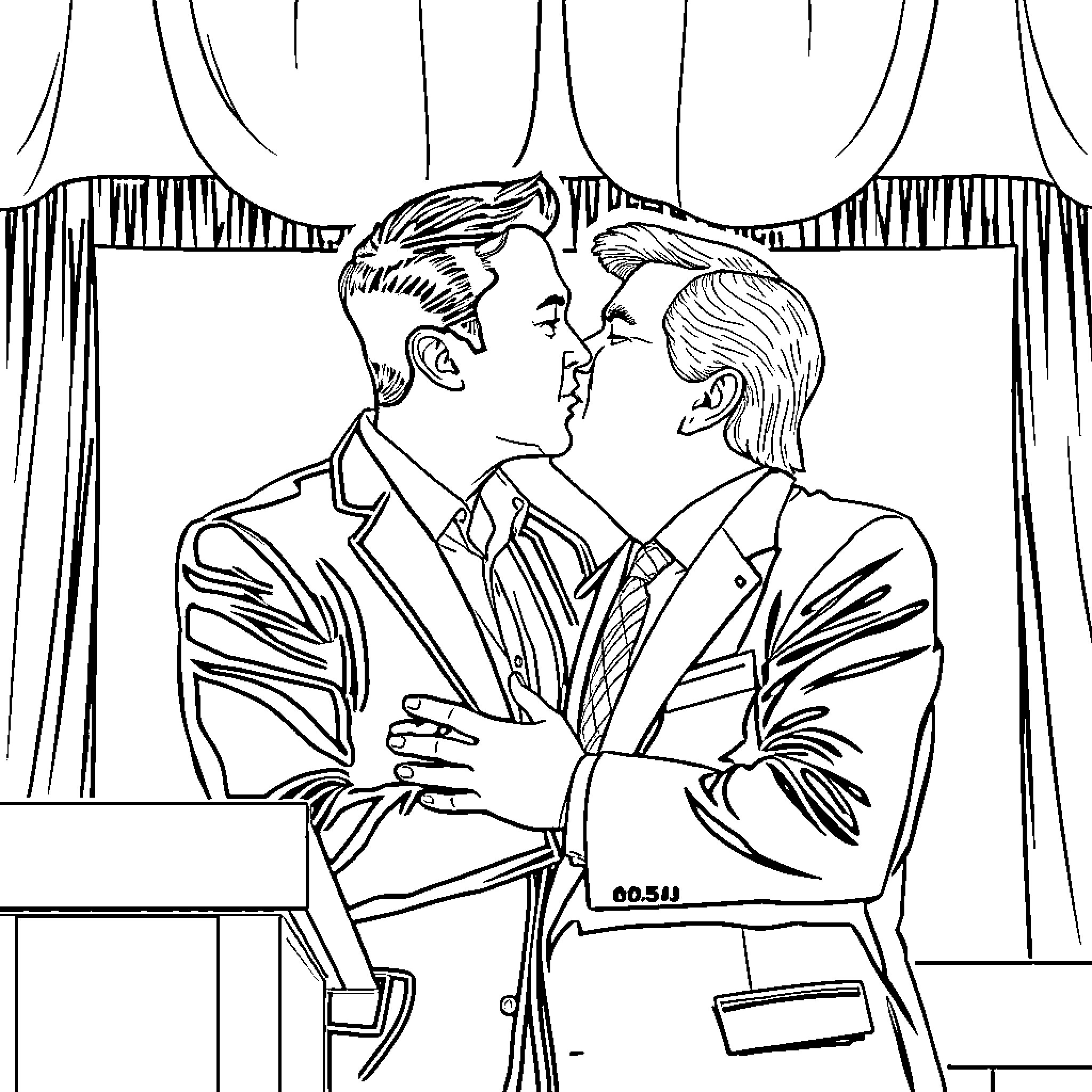 Elon Musk meeting with business partner in formal attire Coloring Page (free black-and-white line drawing printable PDF for all, from beginners to advanced learners, including children, teens, adults, and seniors)
