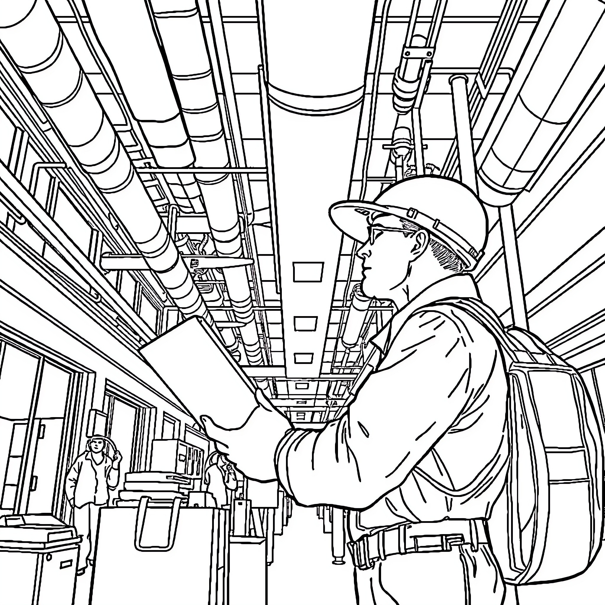 Ventilation Engineer Inspecting Complex Ductwork System Coloring Page (free black-and-white line drawing printable PDF for all, from beginners to advanced learners, including children, teens, adults, and seniors)