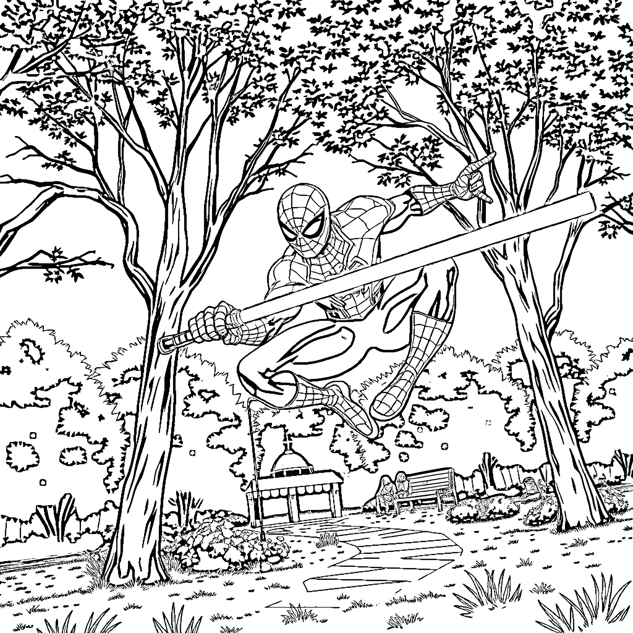 Spider-Man swinging through the forest Coloring Page (free black-and-white line drawing printable PDF for all, from beginners to advanced learners, including children, teens, adults, and seniors)