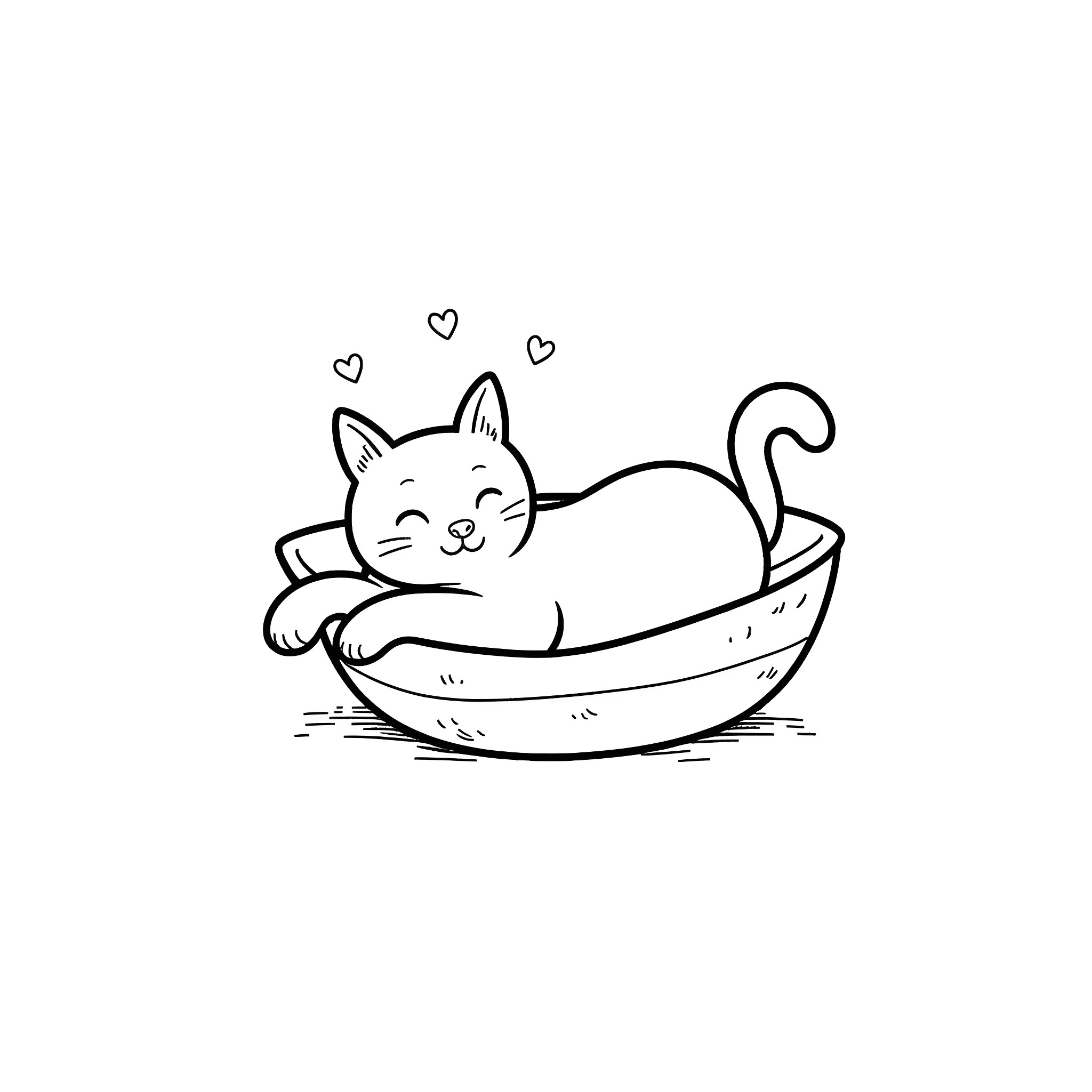 Cat relaxing in a cozy bowl Coloring Page (free black-and-white line drawing printable PDF for all, from beginners to advanced learners, including children, teens, adults, and seniors)