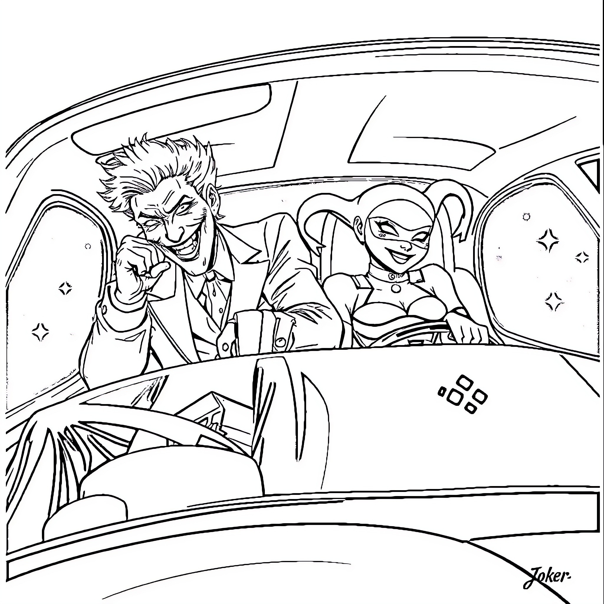 Joker and Henchwoman Plotting Mischief in Car Coloring Page (free black-and-white line drawing printable PDF for all, from beginners to advanced learners, including children, teens, adults, and seniors)