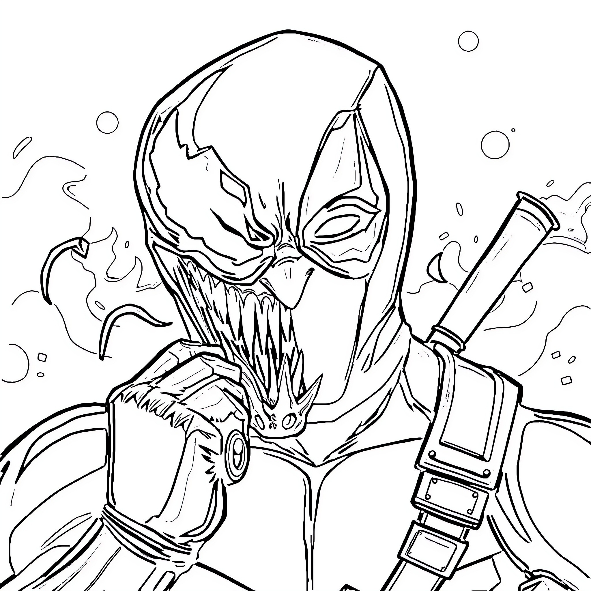 Deadpool wielding weapons with intense expression Coloring Page (free black-and-white line drawing printable PDF for all, from beginners to advanced learners, including children, teens, adults, and seniors)