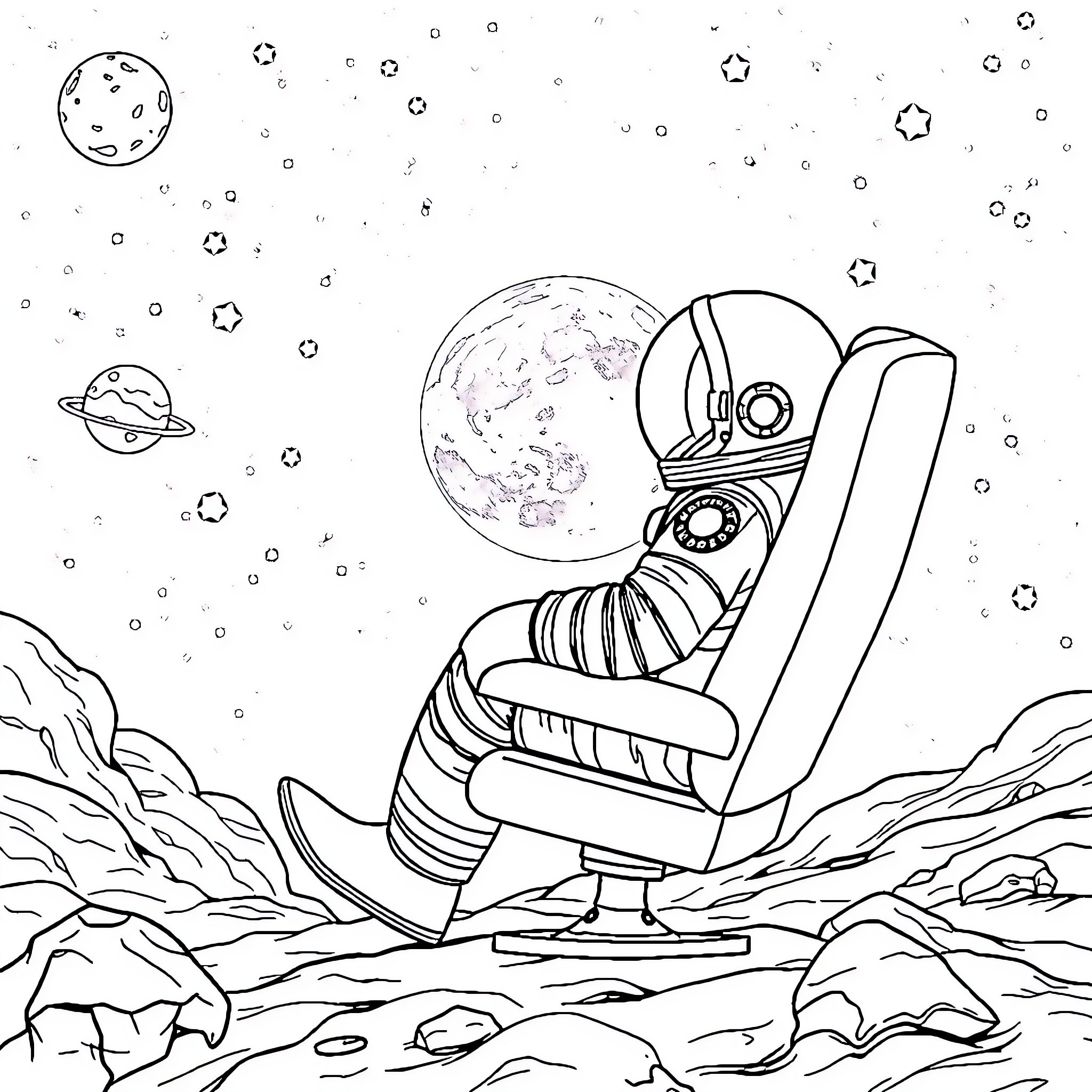 Astronaut exploring the alien landscape under the starry sky Coloring Page (free black-and-white line drawing printable PDF for all, from beginners to advanced learners, including children, teens, adults, and seniors)