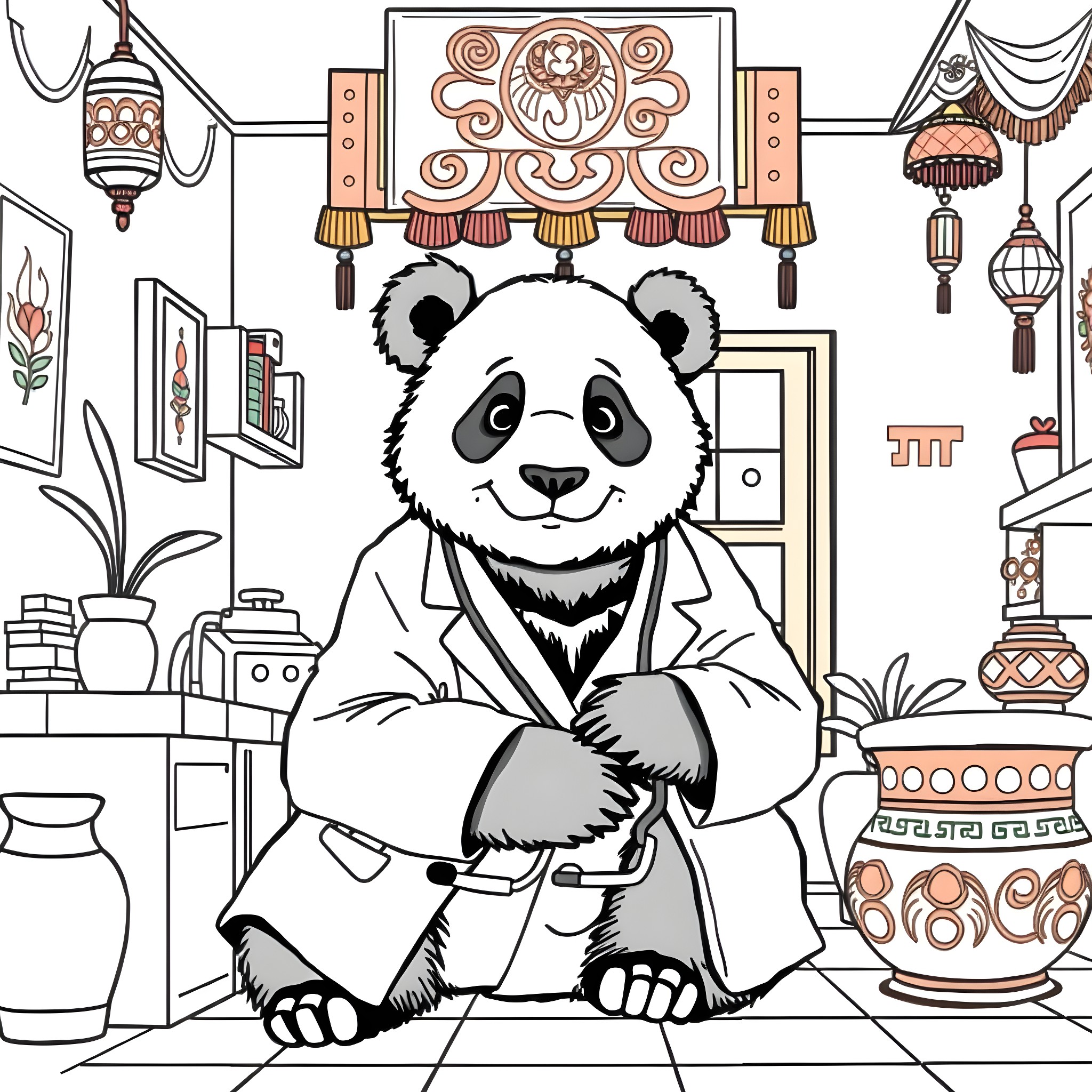 Panda in traditional Chinese attire enjoying a cozy room Coloring Page (free black-and-white line drawing printable PDF for all, from beginners to advanced learners, including children, teens, adults, and seniors)