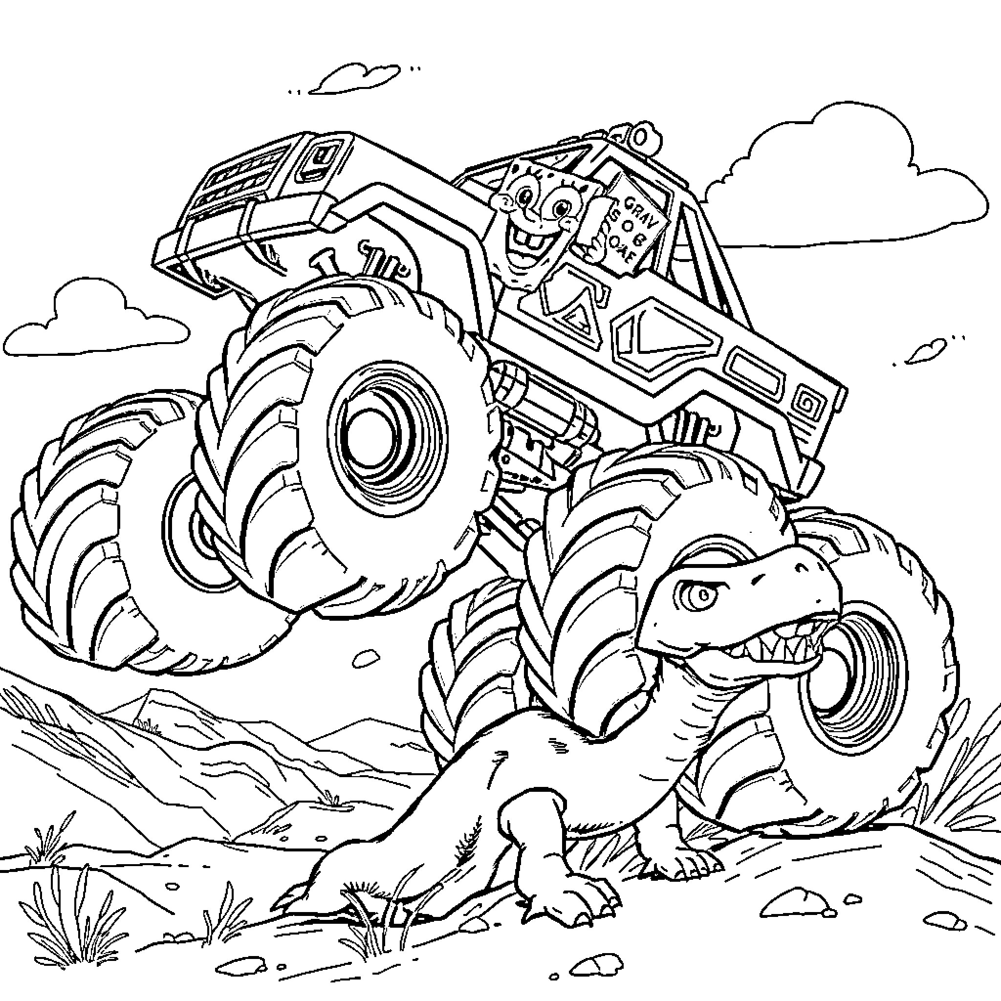 Spongebob Monster Truck Adventure in the Countryside Coloring Page (free black-and-white line drawing printable PDF for all, from beginners to advanced learners, including children, teens, adults, and seniors)